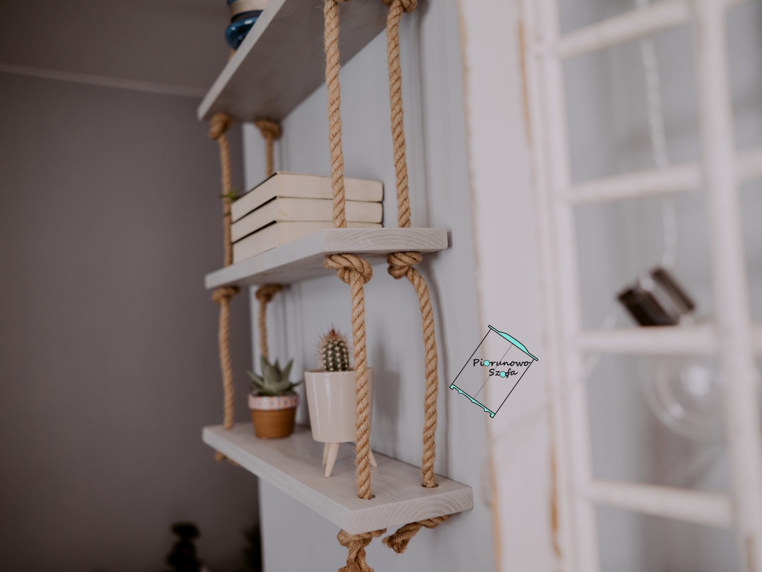 półka wisząca na linach jutowych szary