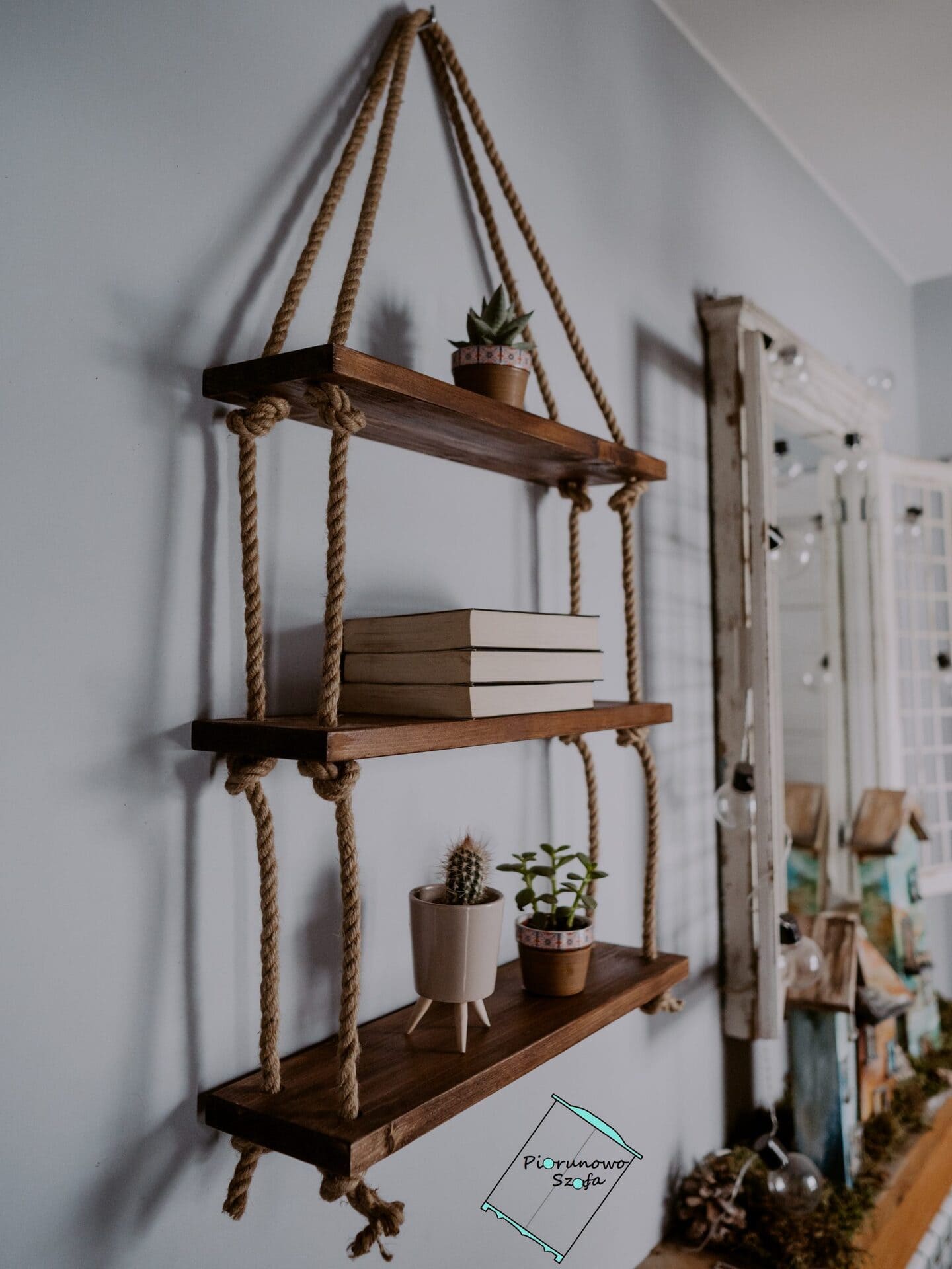 Półka wisząca na linach jutowych brąz