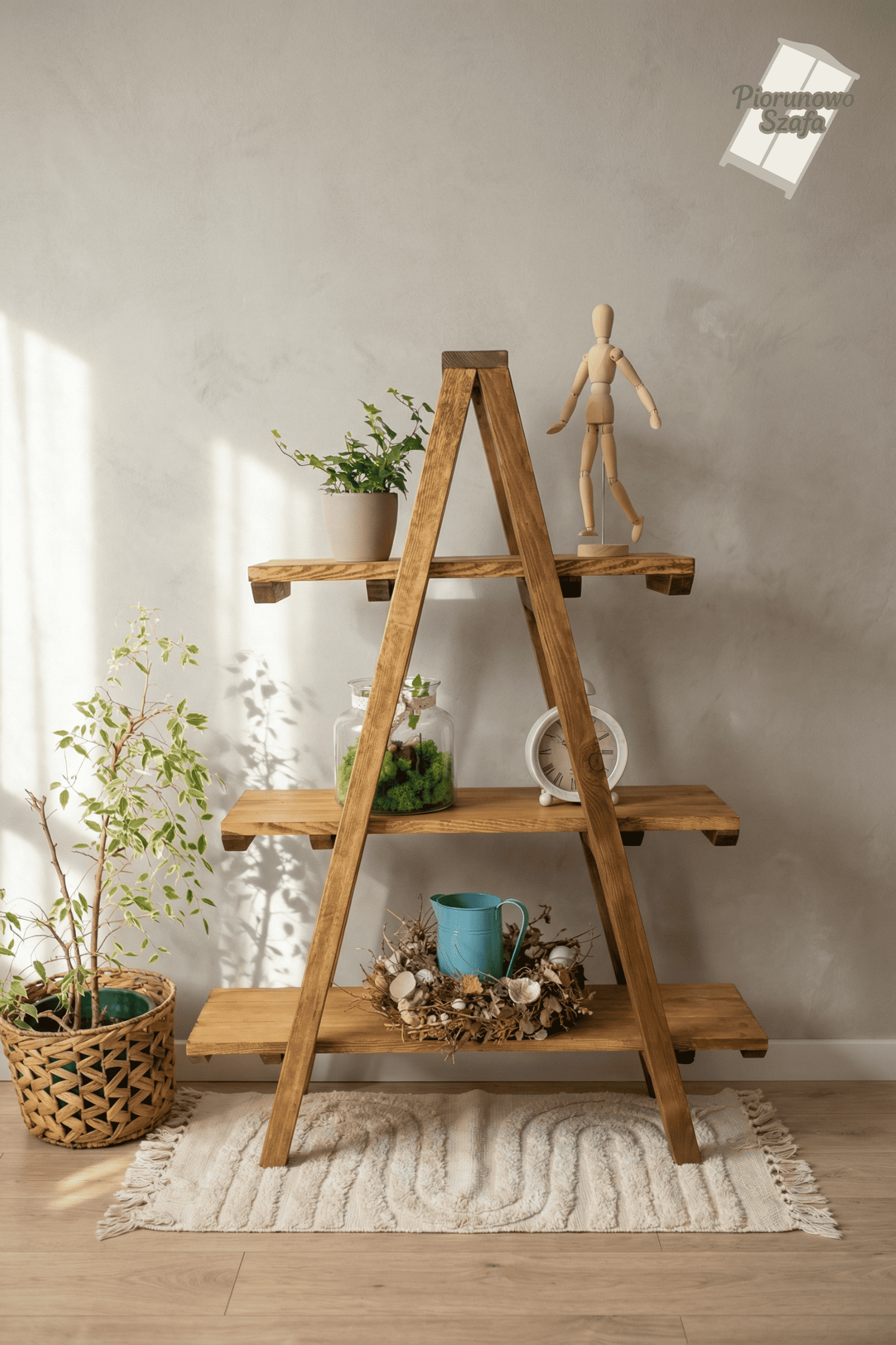 Drabina drewniana, dekoracyjna – regał