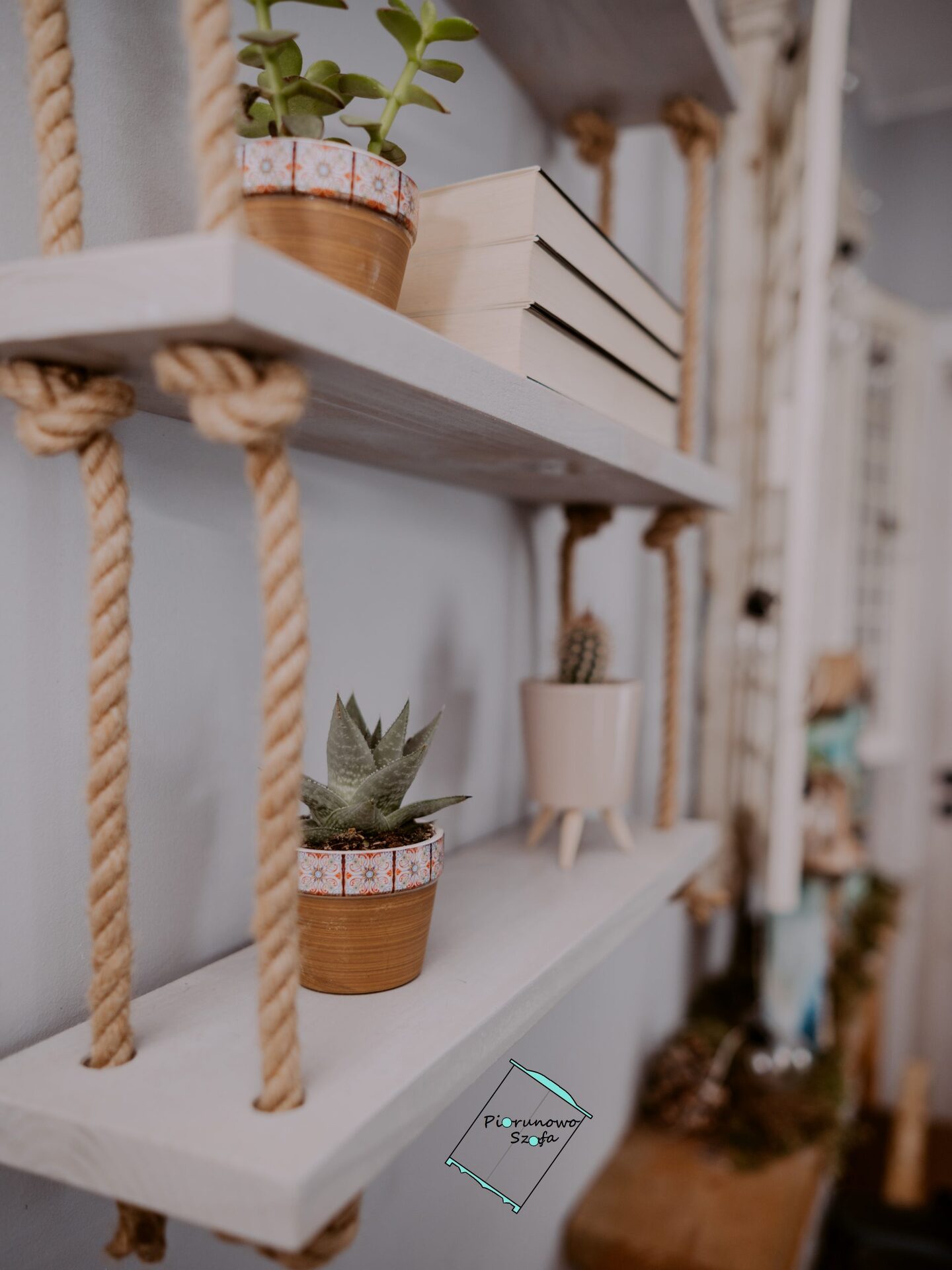 półka wisząca na linach jutowych szary - obrazek 4