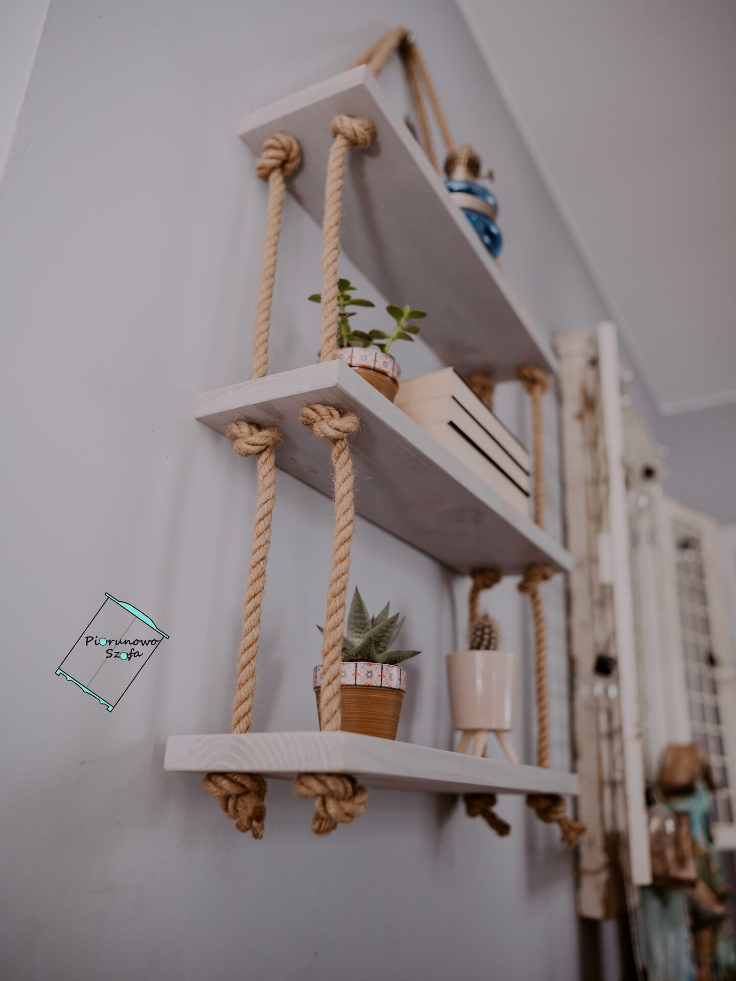 półka wisząca na linach jutowych szary
