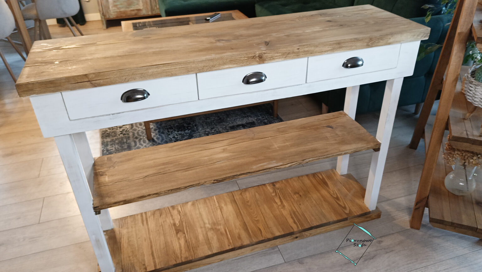 Regał z 3 szufladami – vintage biały przecierany, orzech