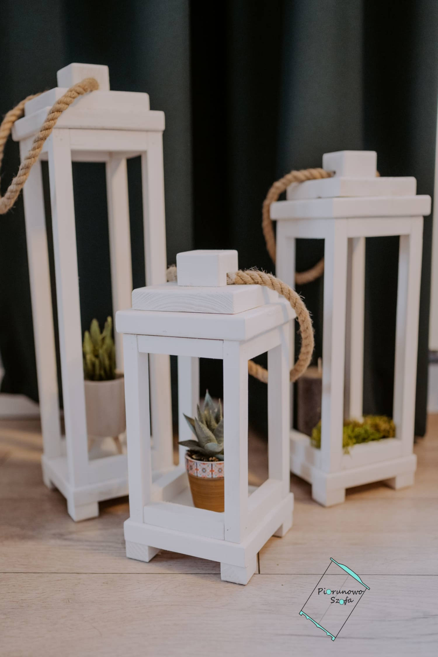 Drewniany zestaw 3 lampionów biały matowy przecierany