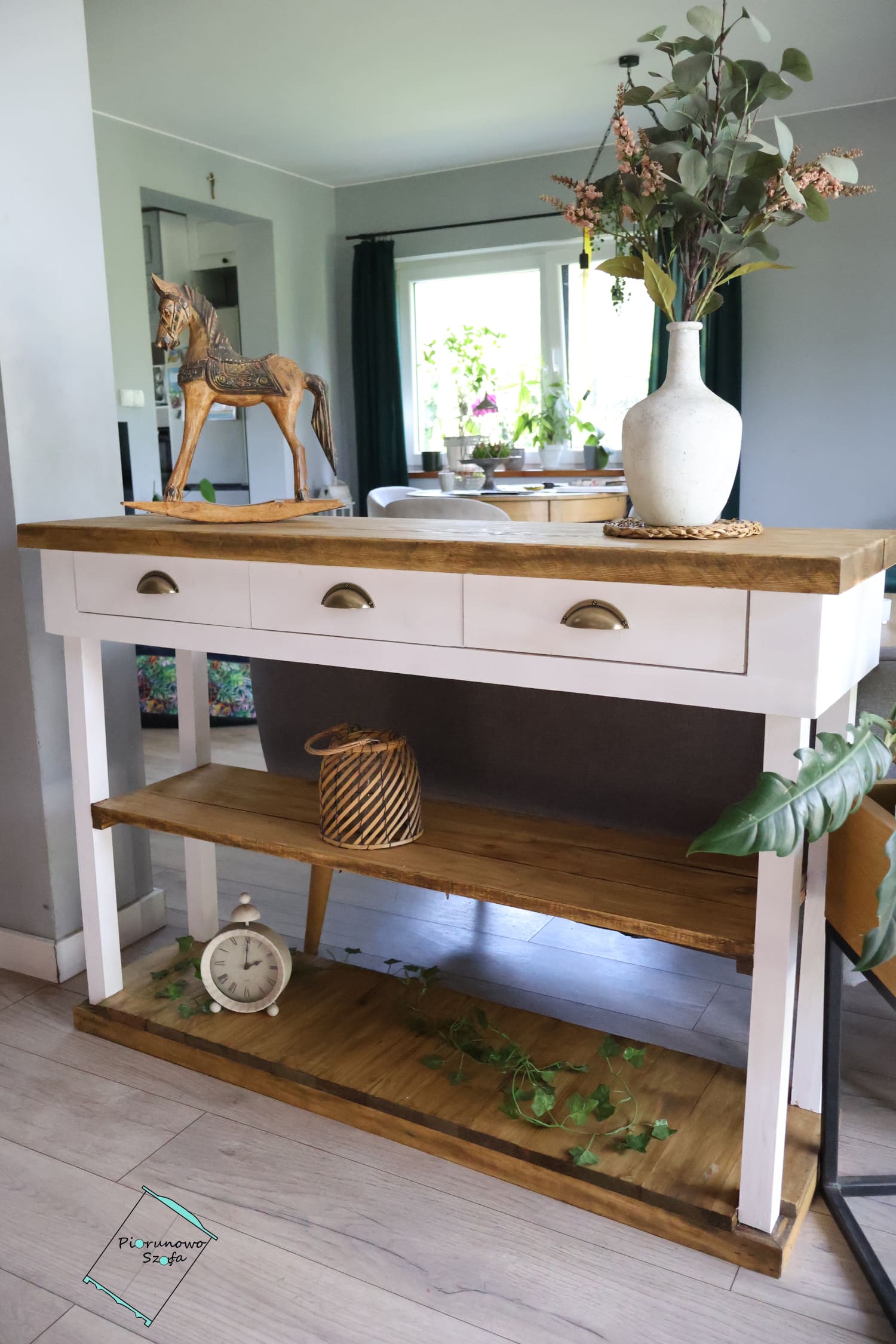 Regał z 3 szufladami – vintage biały przecierany, orzech