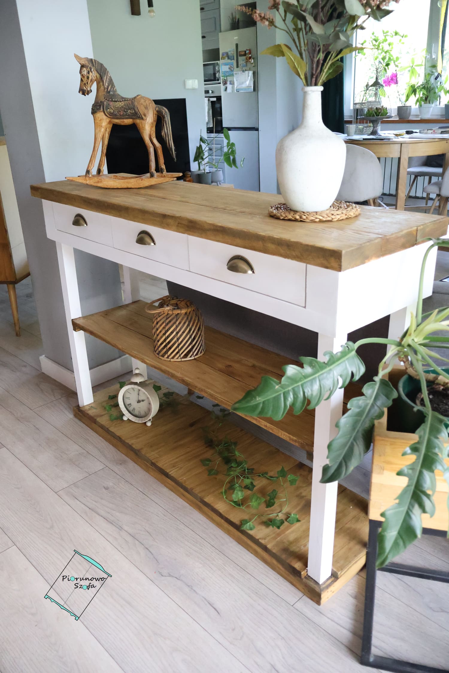 Regał z 3 szufladami – vintage biały przecierany, orzech