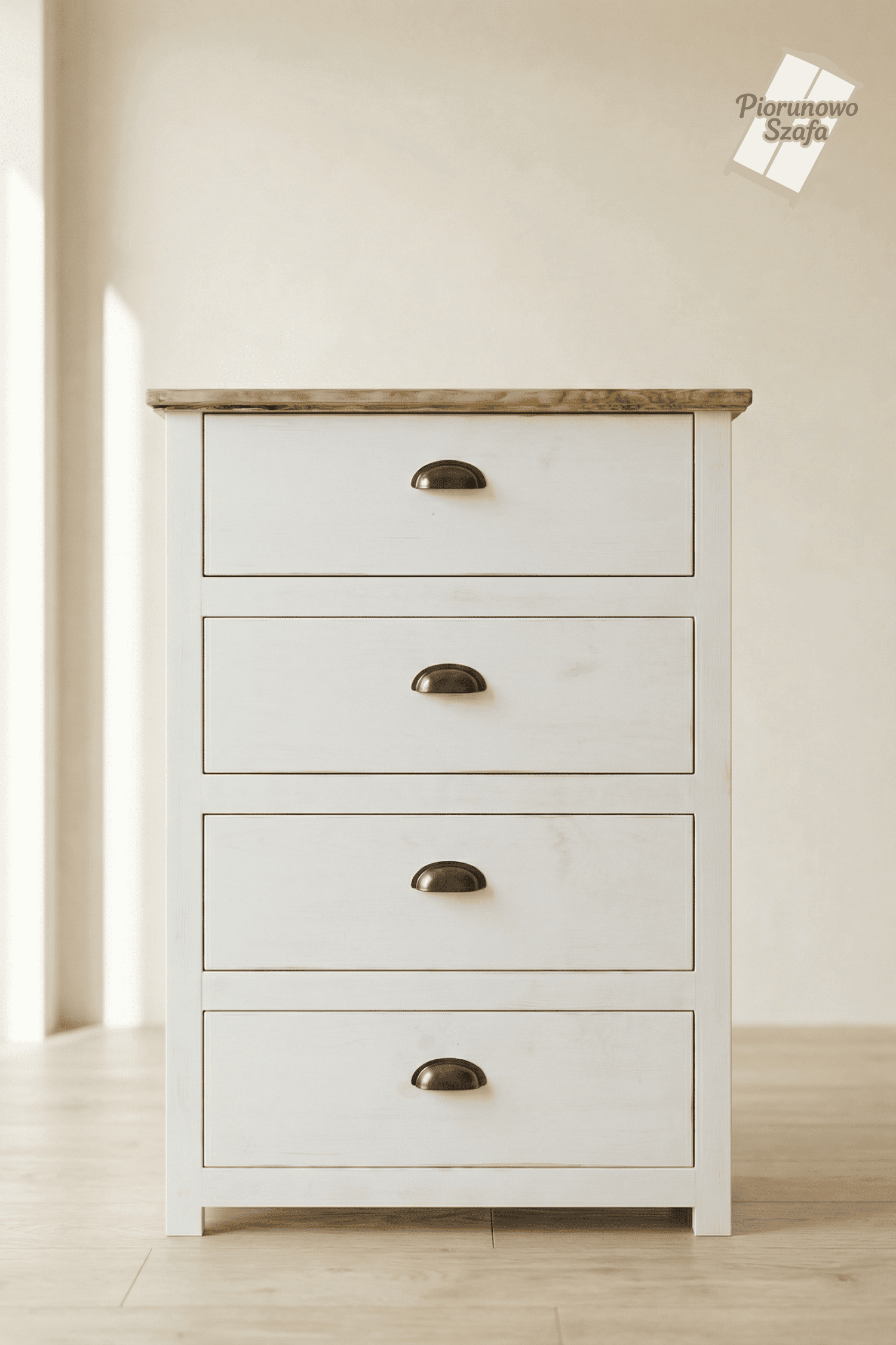Komoda z 4 szufladami – vintage biały przecierany, orzech