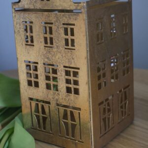 Świecznik metalowy domek, brudne złoto mały