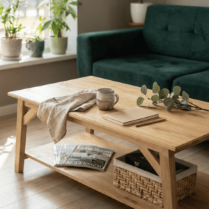 Drewniany stolik kawowy z półką – styl rustykalny do salonu