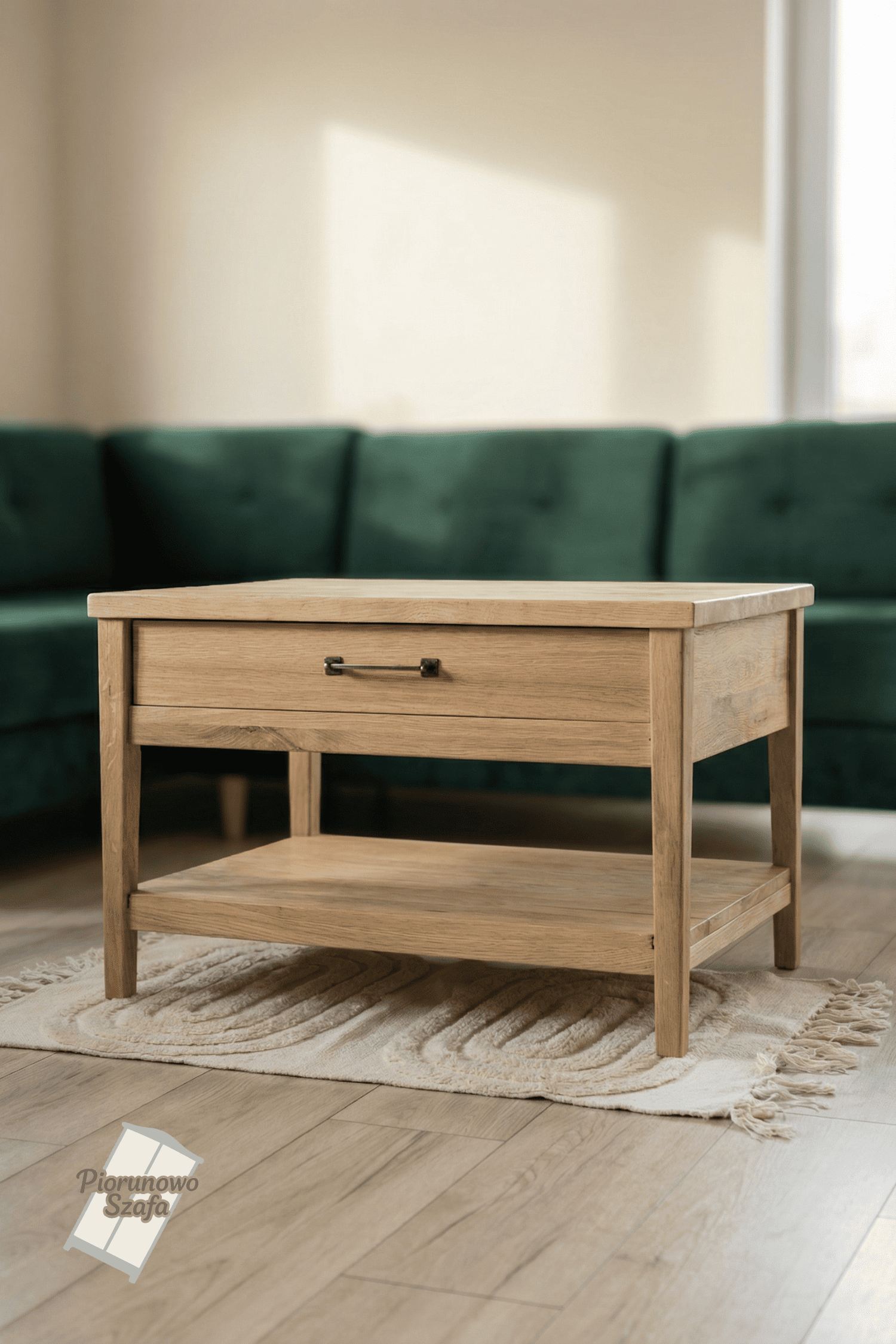 Drewniany stolik kawowy z półką i szufladą – styl rustykalny