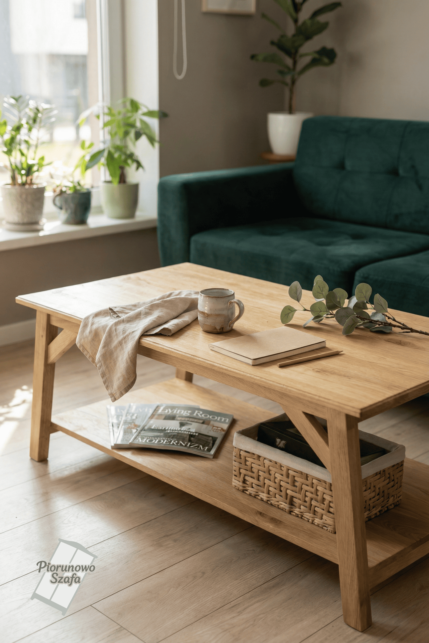 Drewniany stolik kawowy z półką – styl rustykalny do salonu