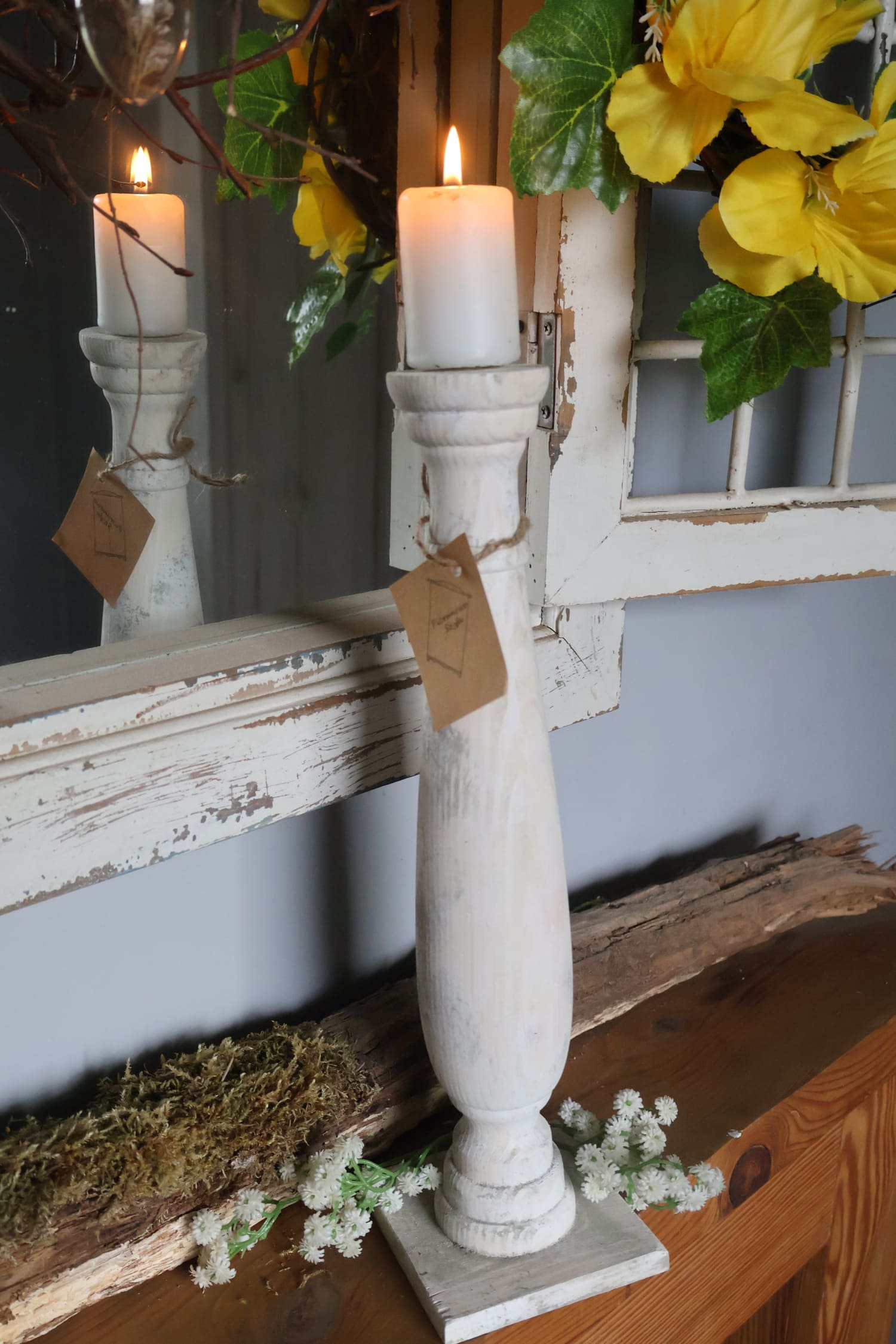 Świecznik drewniany biały beton 40 cm