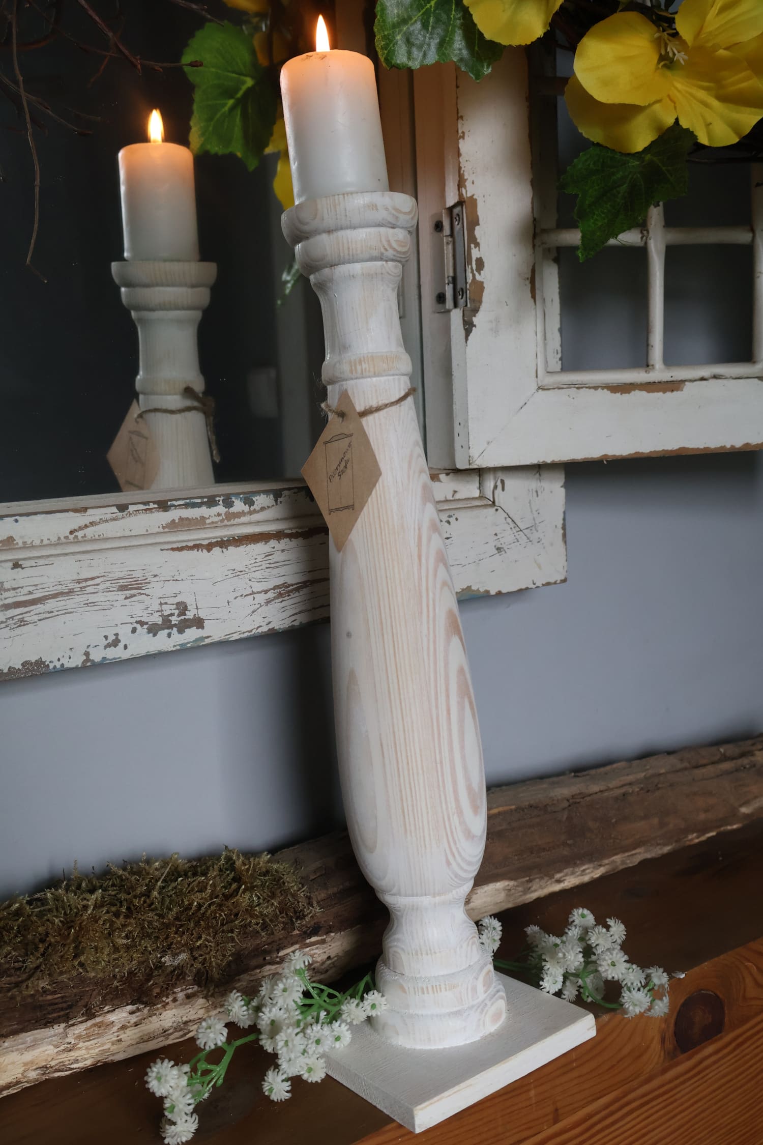 Świecznik drewniany biały przecierany 40 cm