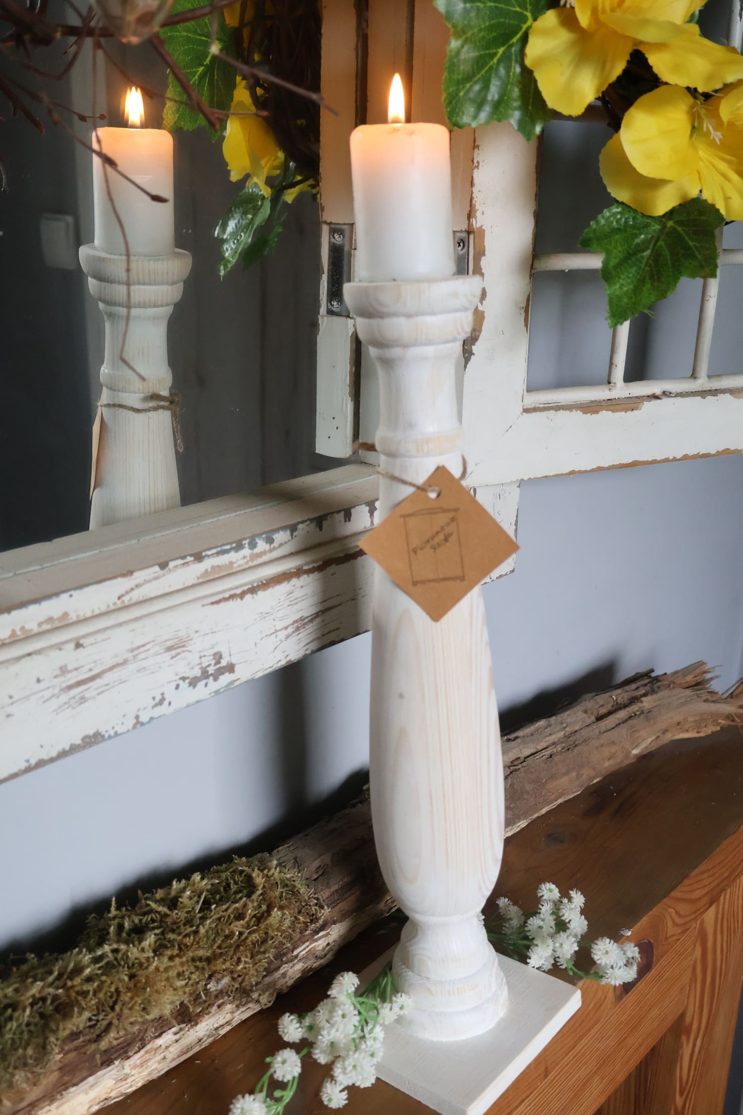 Świecznik drewniany biały przecierany 40 cm