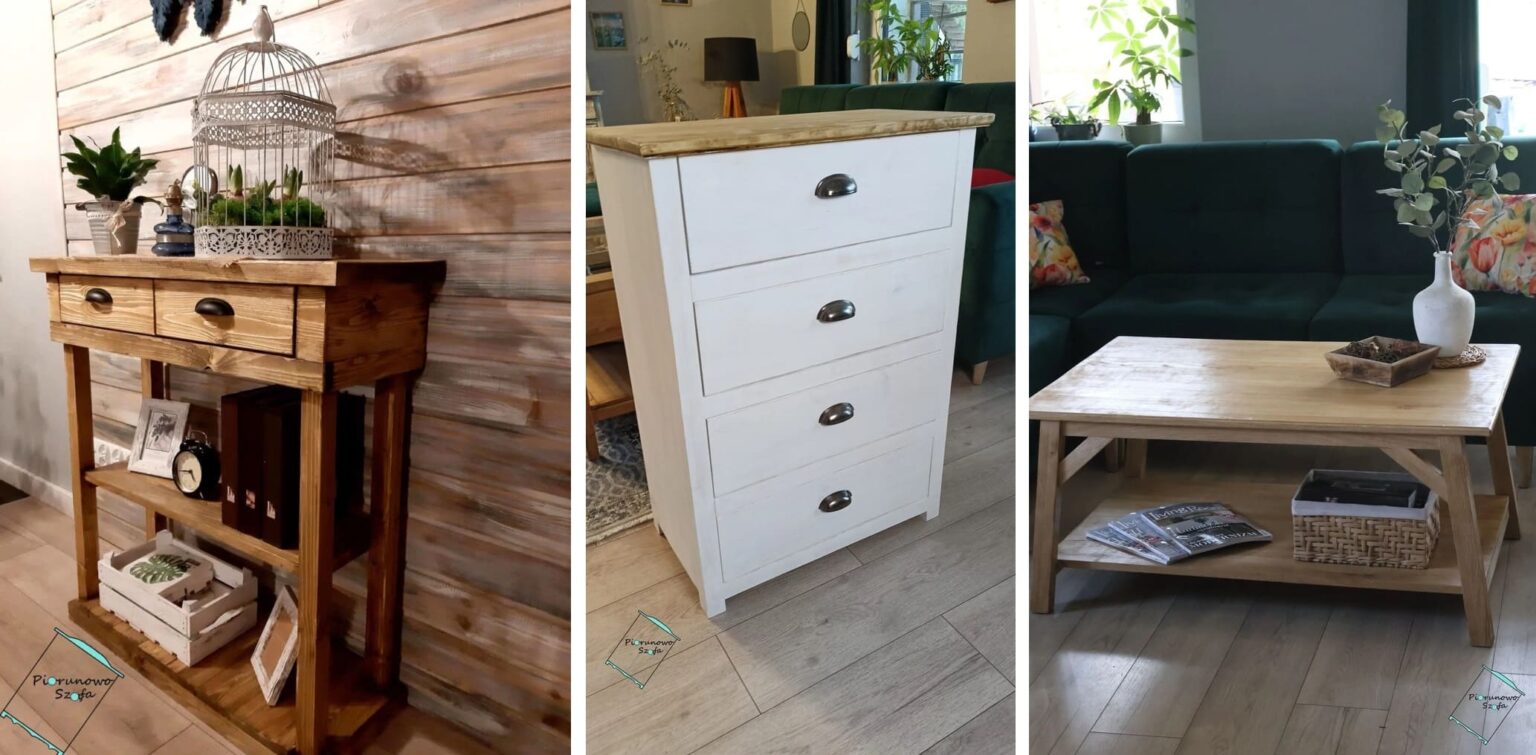 3. Salon z naturalnymi materiałami – drewniany stolik kawowy, miękki dywan i tekstylia.