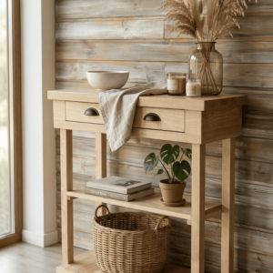 Konsola drewniana z litego jesionu w stylu vintage, farmhouse – 2 szuflady
