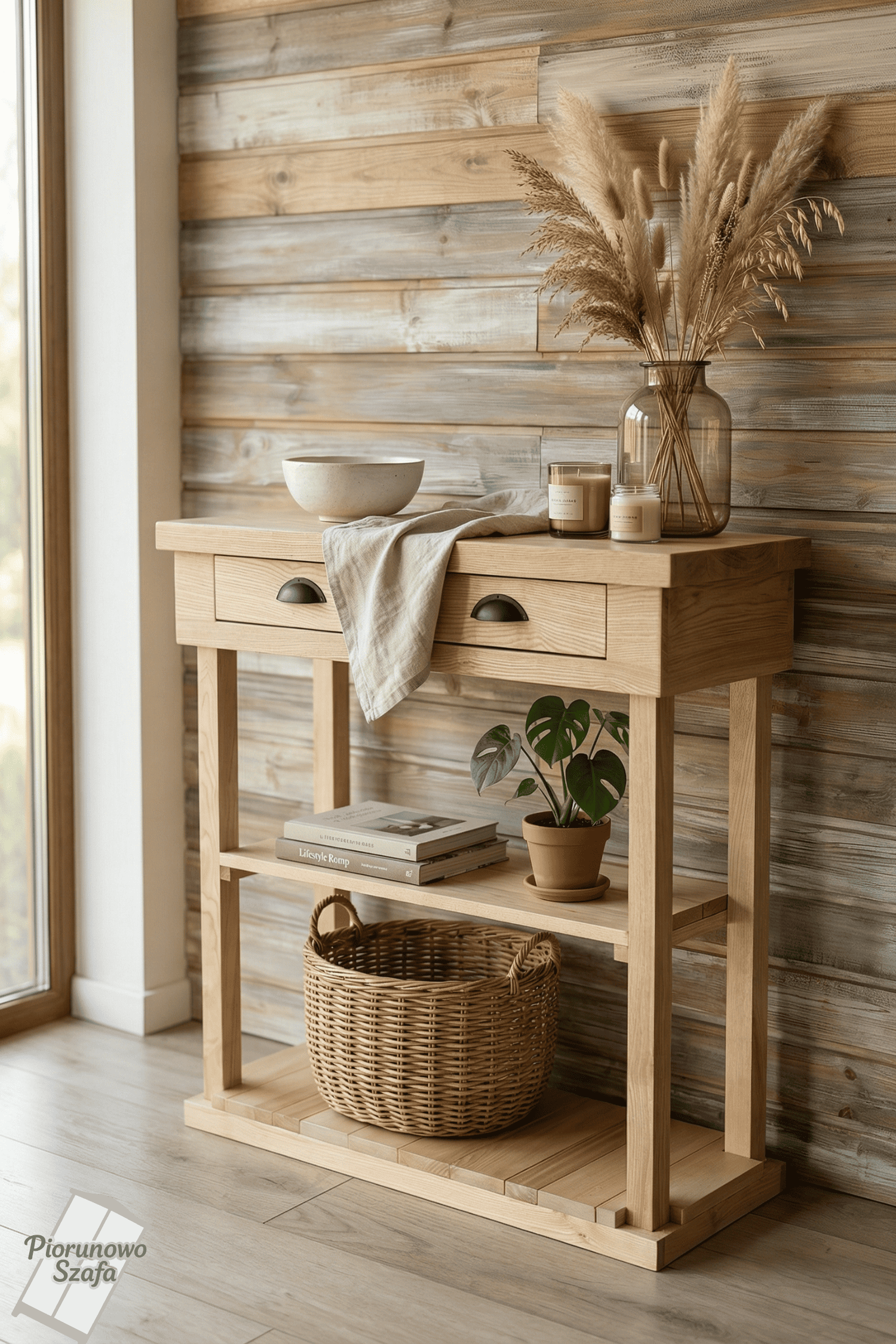 Konsola drewniana z litego jesionu w stylu vintage, farmhouse – 2 szuflady