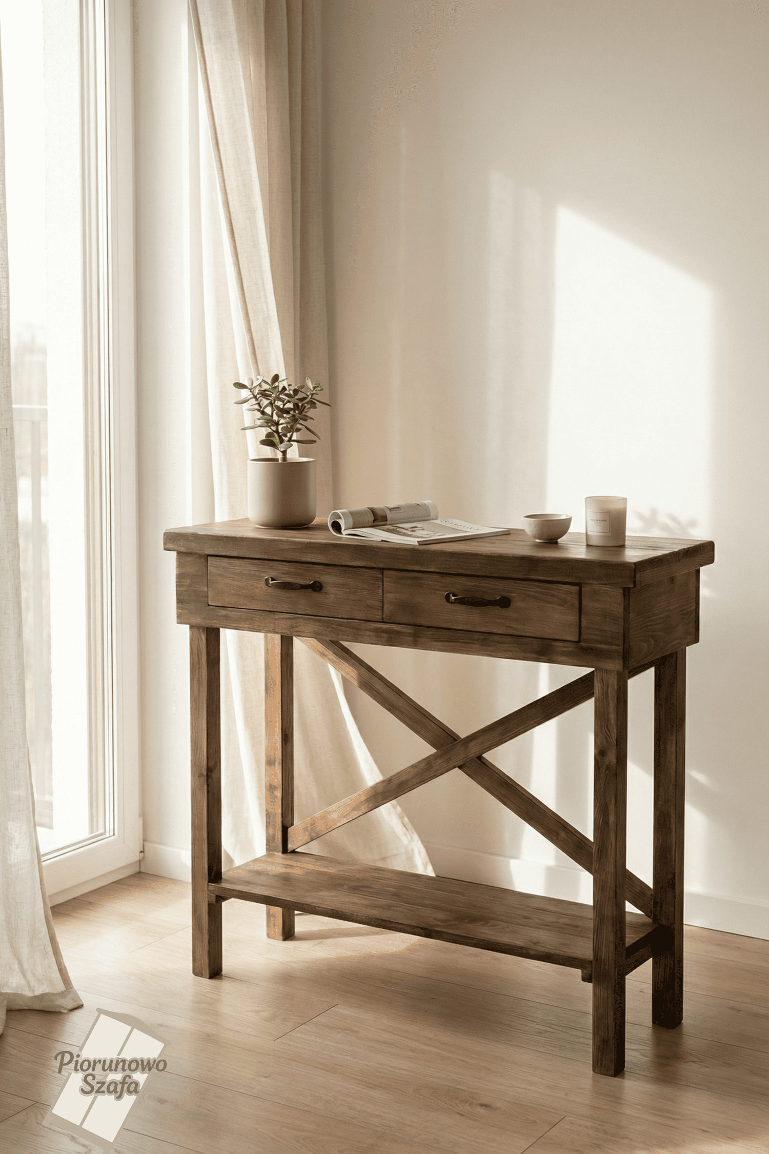 Vintage Regał, Komoda, retro 2 szuflady brąz Antyczny z X na tylnej ściance.