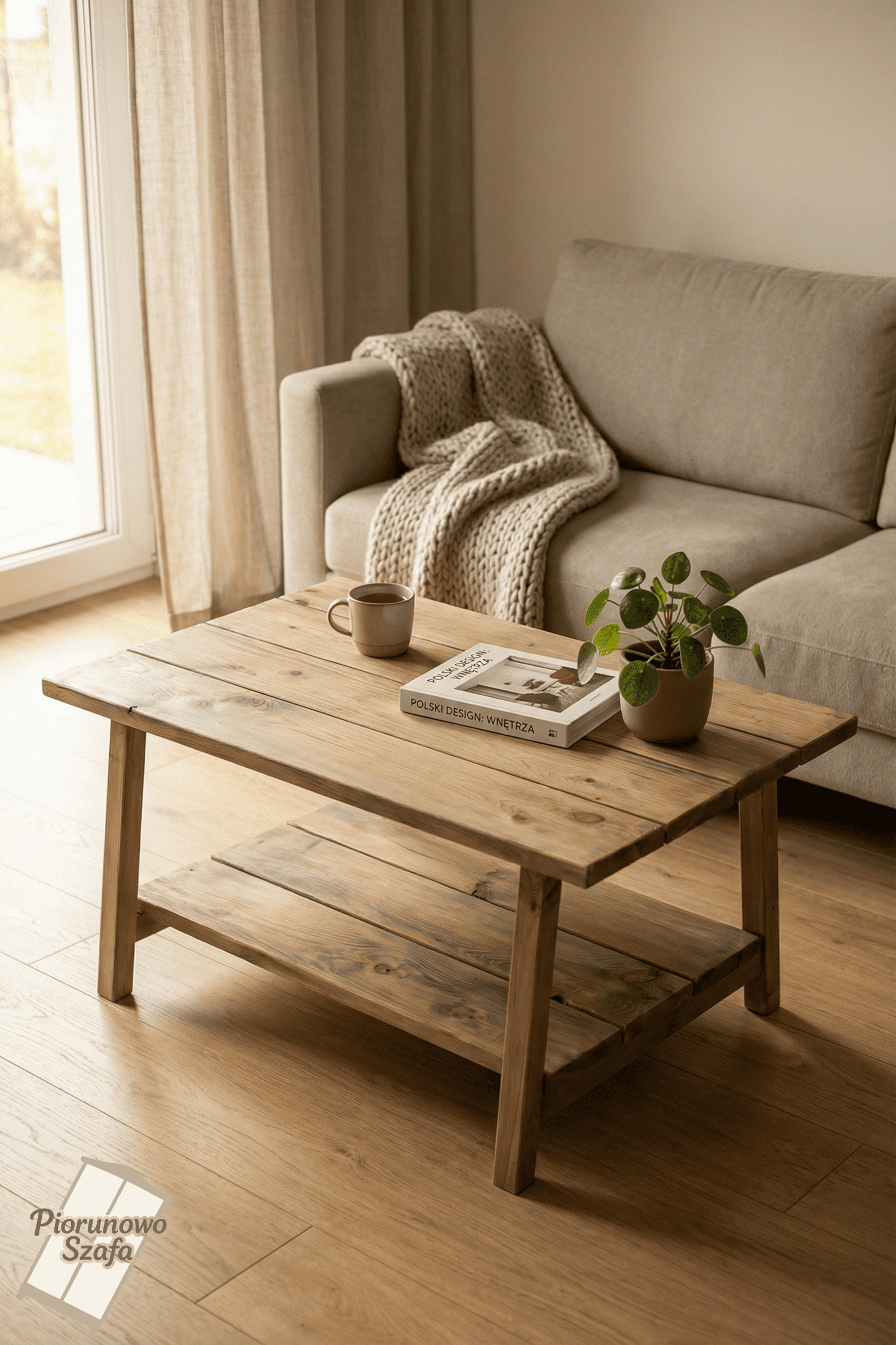 Stół kawowy z litego drewna  w stylu farmhouse