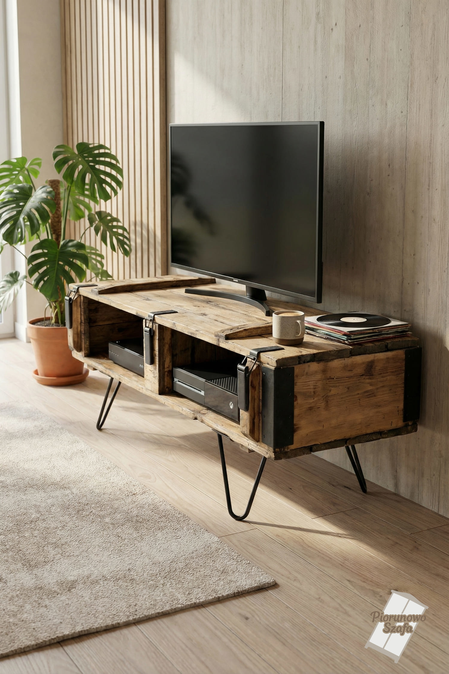 Stolik RTV retro, szafka na TV, konsola retro skrzynia wojskowa metalowe nogi