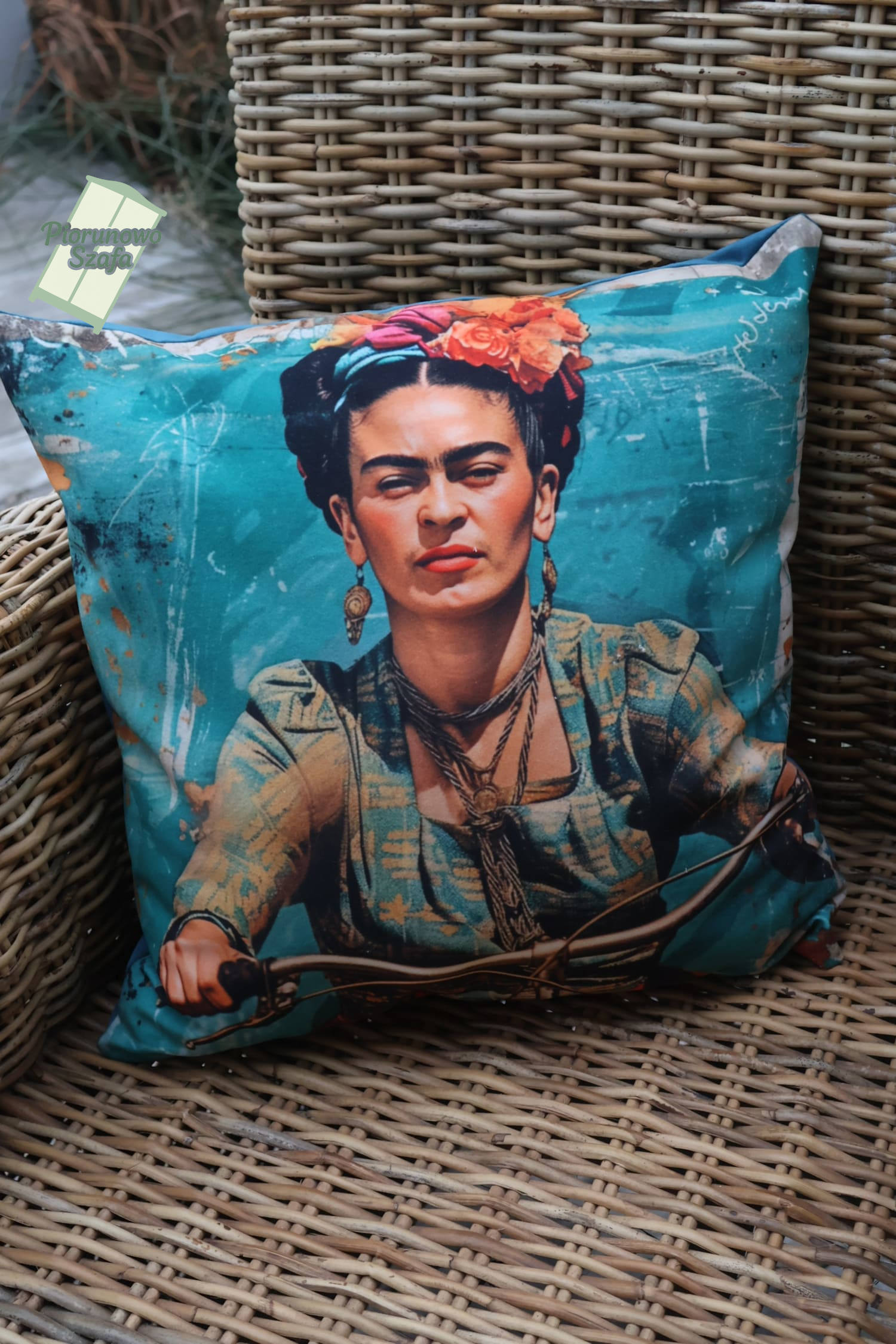 Poduszka dekoracyjna z wypełnieniem, Frida na rowerze
