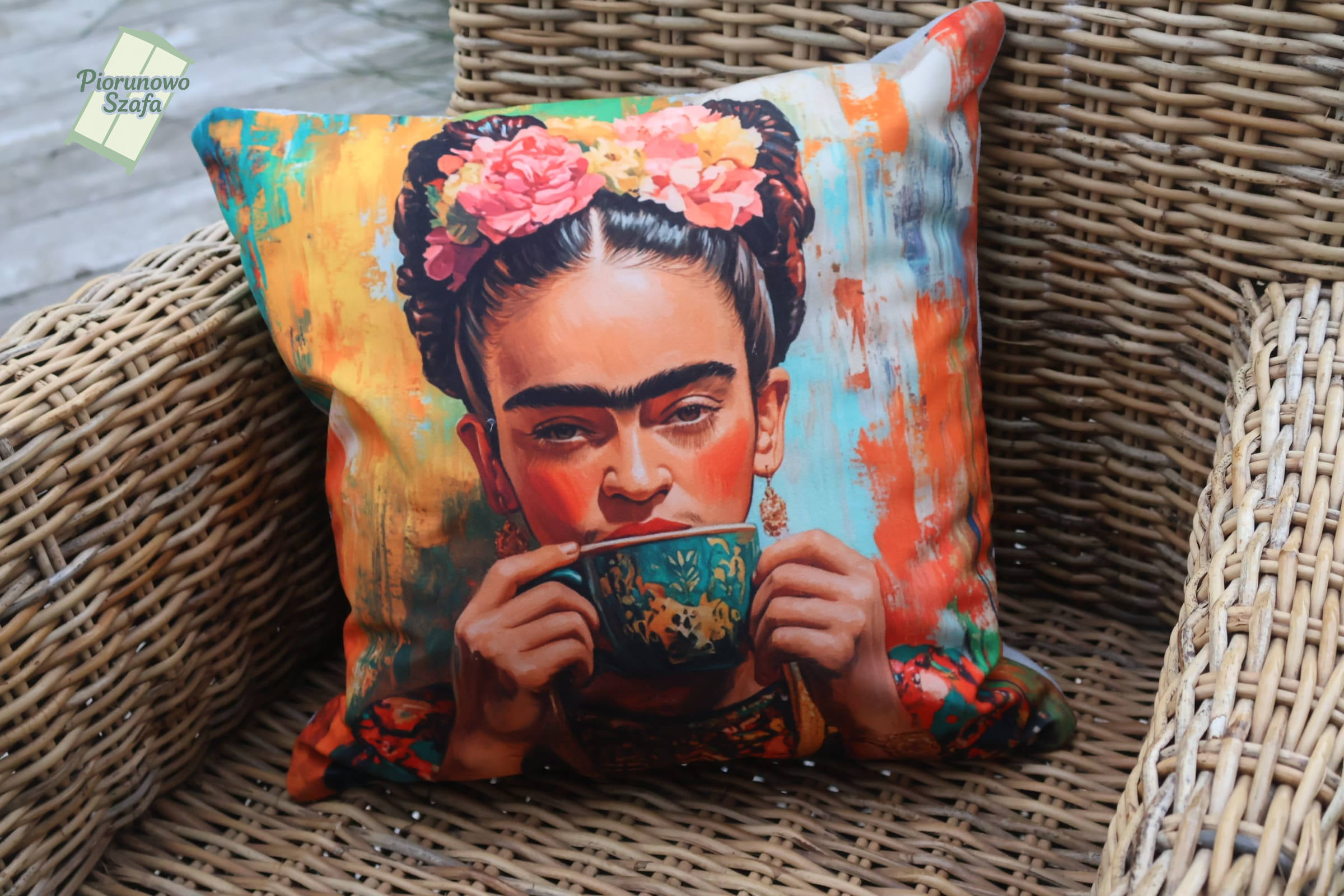 Poduszka dekoracyjna z wypełnieniem, Frida z kawą