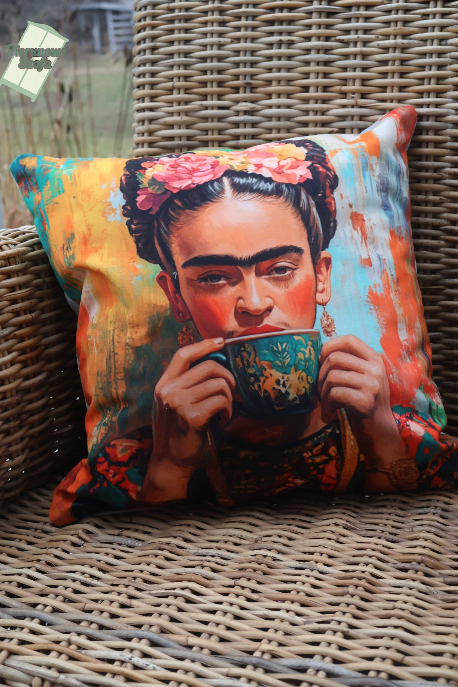 Poduszka dekoracyjna z wypełnieniem, Frida z kawą