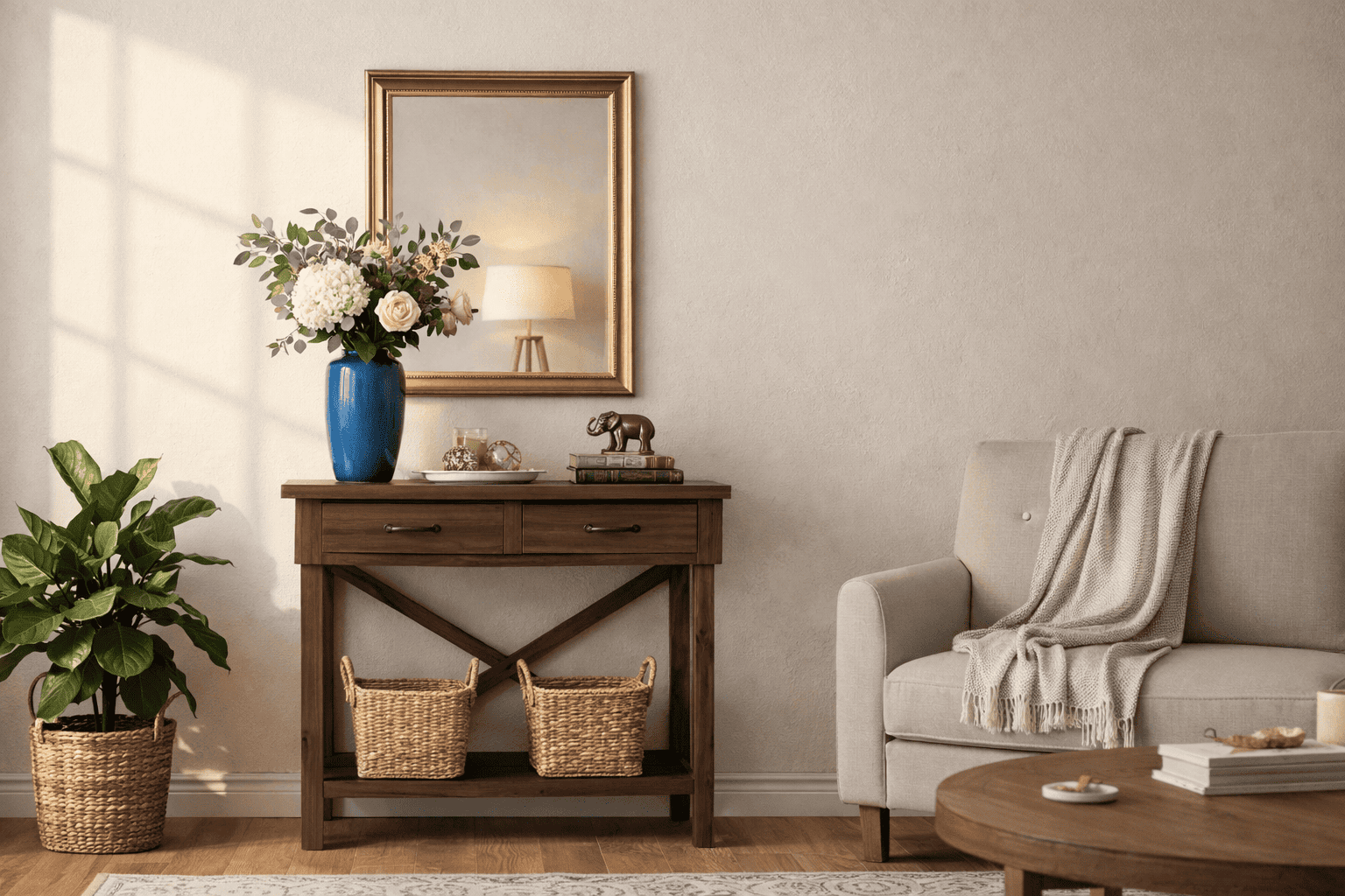 Przytulny kącik z drewnianym stołem