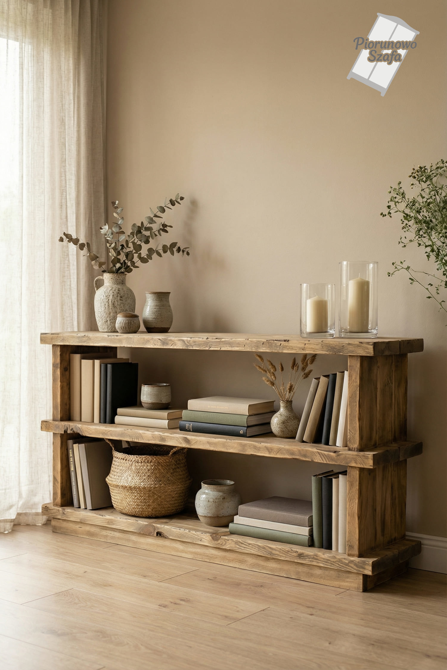 Drewniany regał loftowy ręcznie robiony – Styl rustykalny