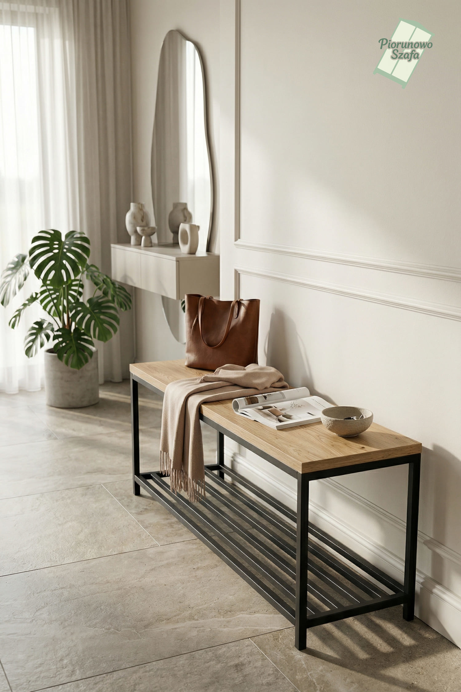 siedzisko loft na korytarz z miejscem na buty dąb metal