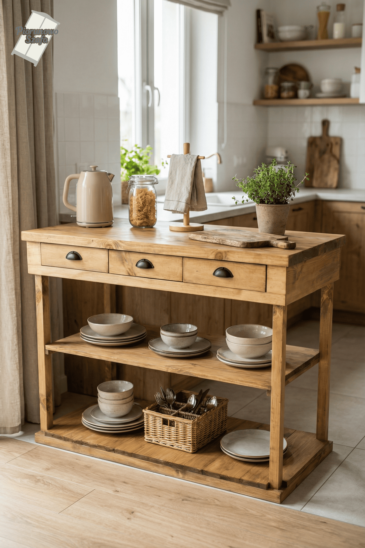 Wyspa kuchenna z litego drewna z półkami – stolik roboczy do kuchni
