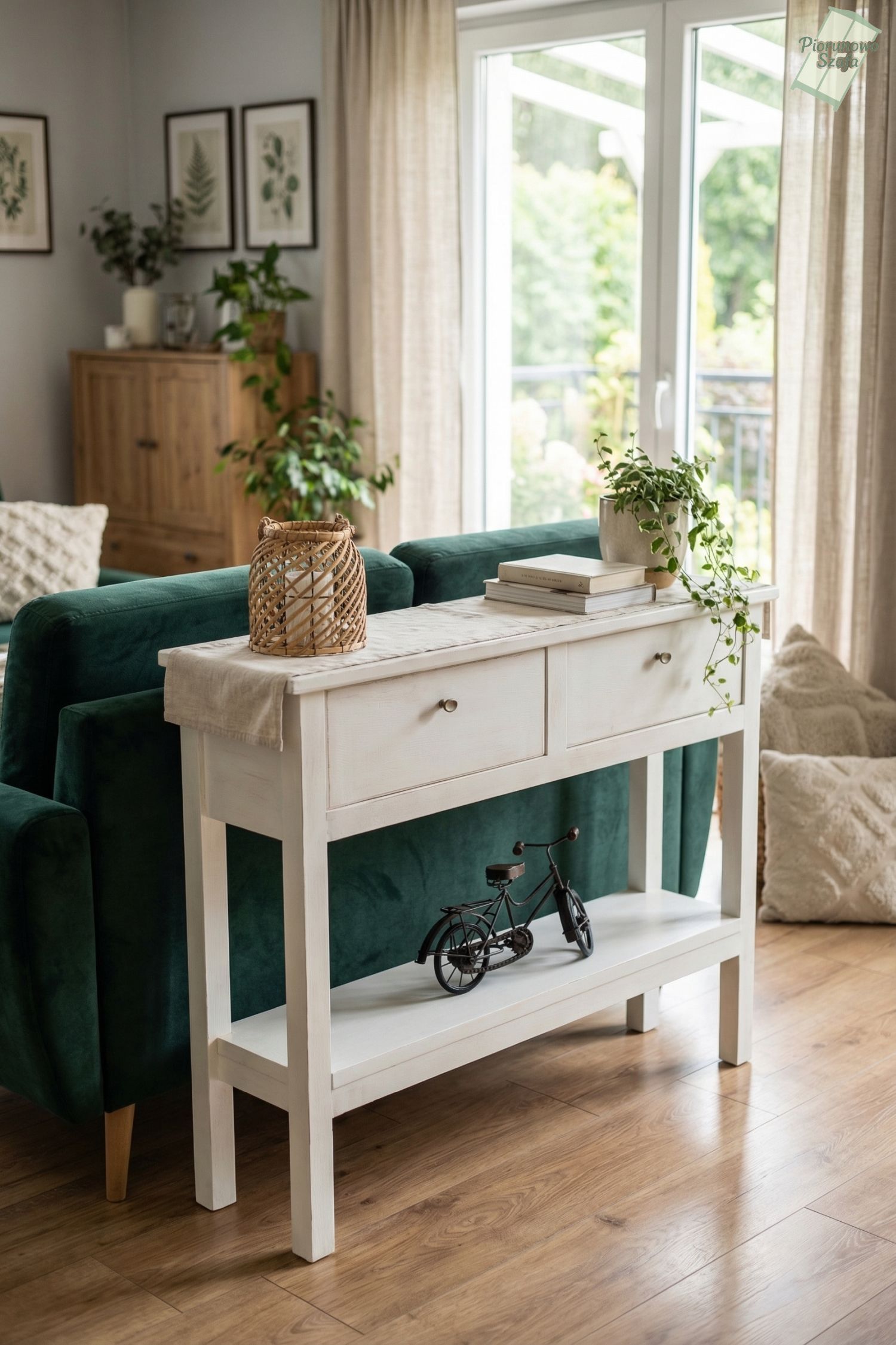 Konsolka komoda drewniana biała przecieranay 2 szufladami vintage regał Mel