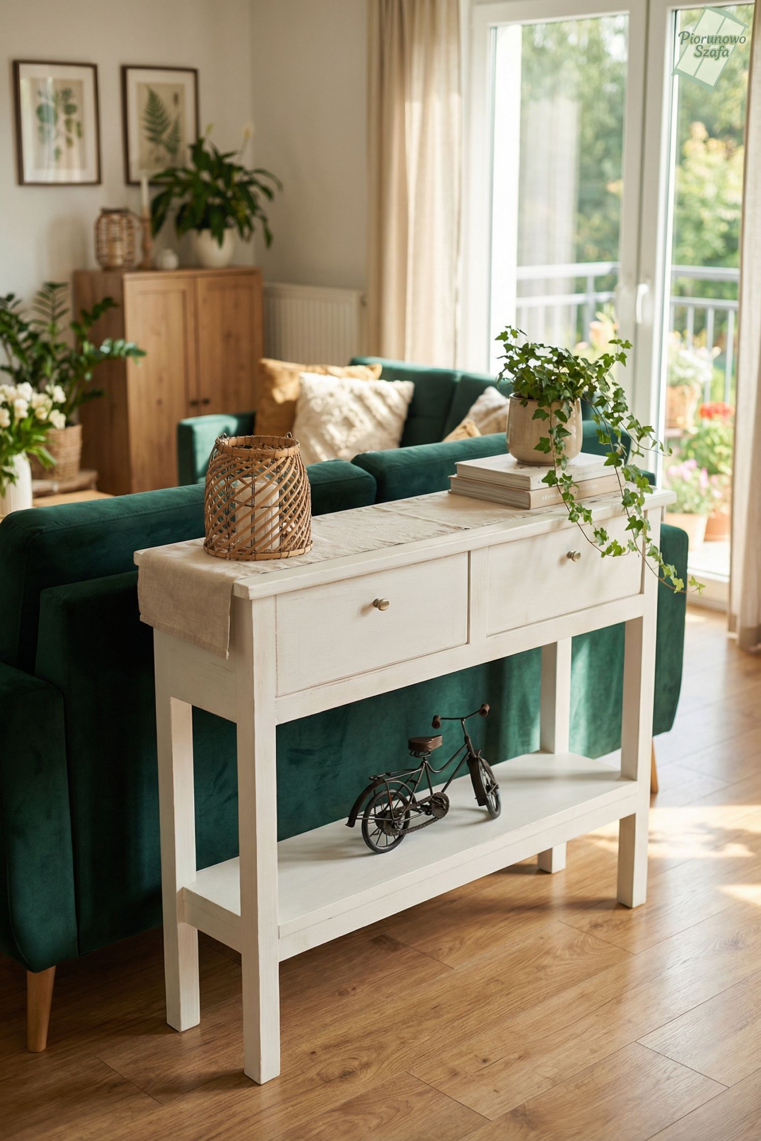 Konsolka komoda drewniana biała przecieranay 2 szufladami vintage regał Mel