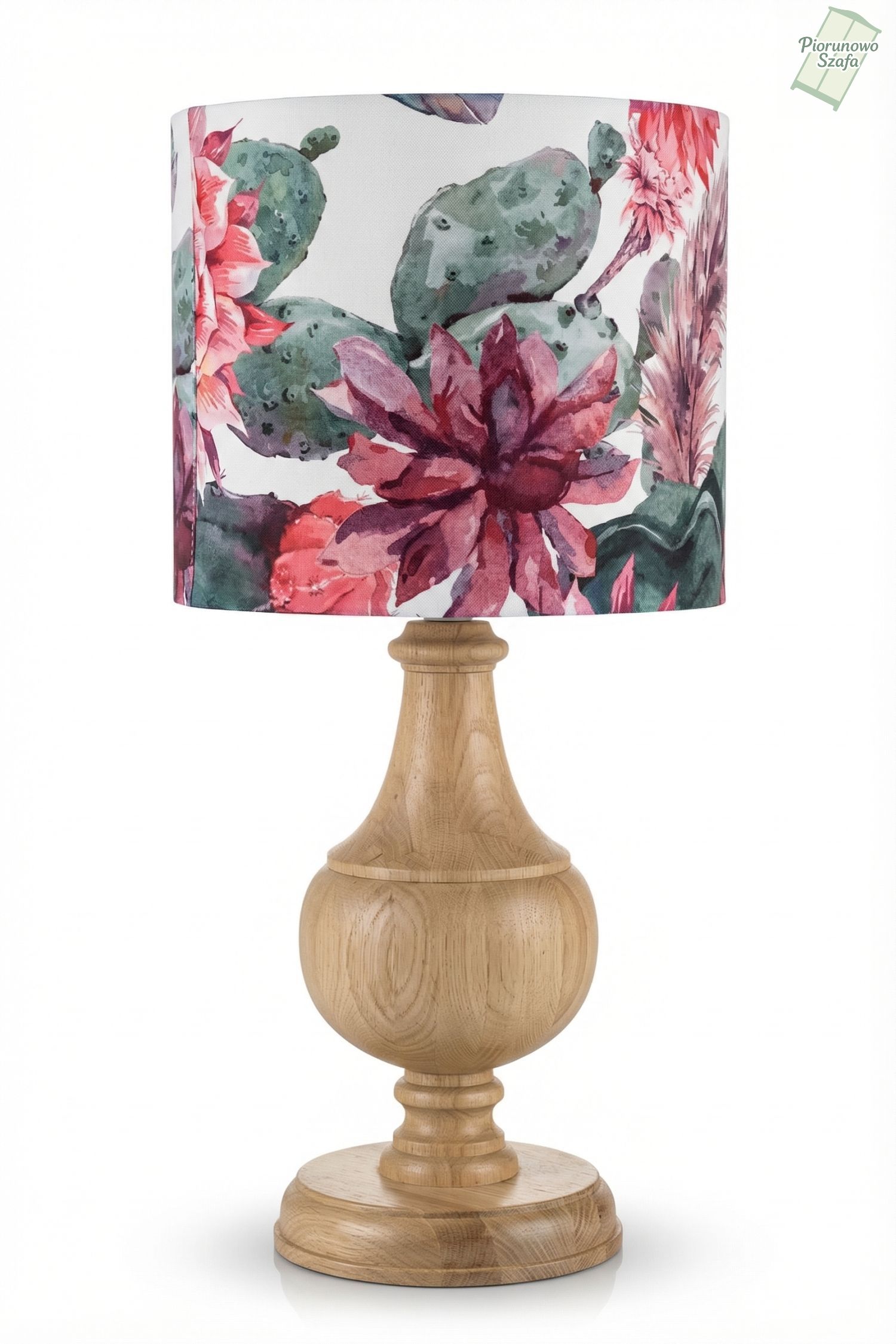 Lampa stołowa drewniana z abażurem w kwiaty – dekoracyjna lampa nocna do salonu i sypialni - wizualizacja