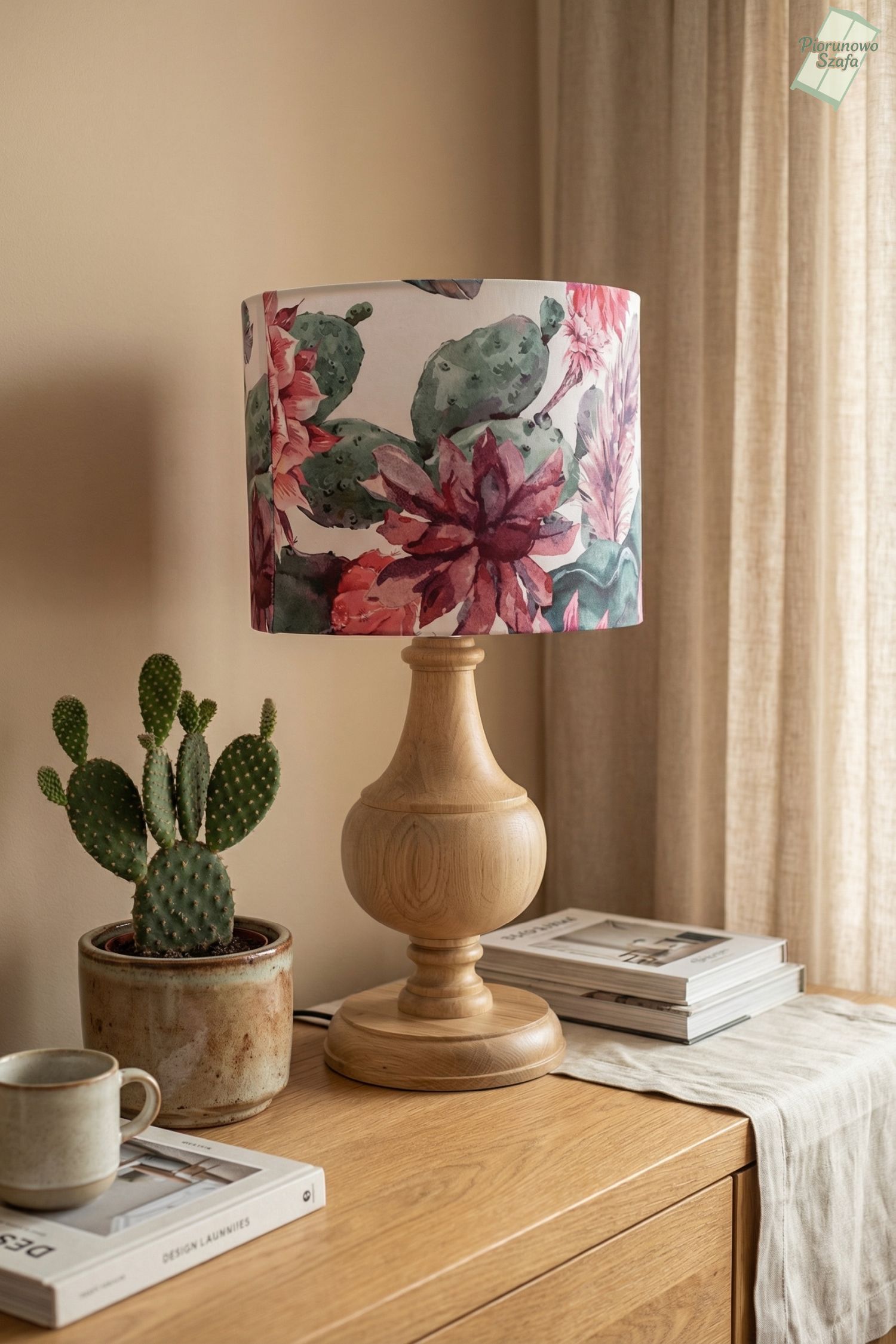 Lampa stołowa drewniana z abażurem w kwiaty – dekoracyjna lampa nocna do salonu i sypialni