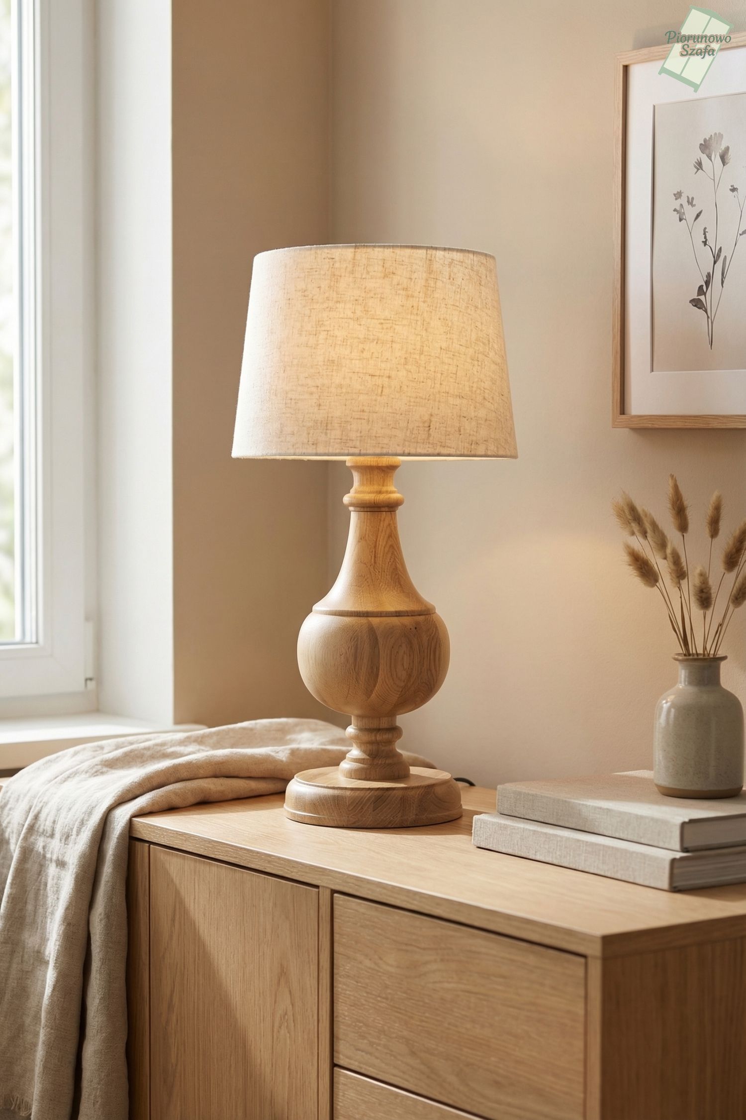 Lampa stołowa drewniana z abażurem – elegancka lampa nocna do salonu i sypialni