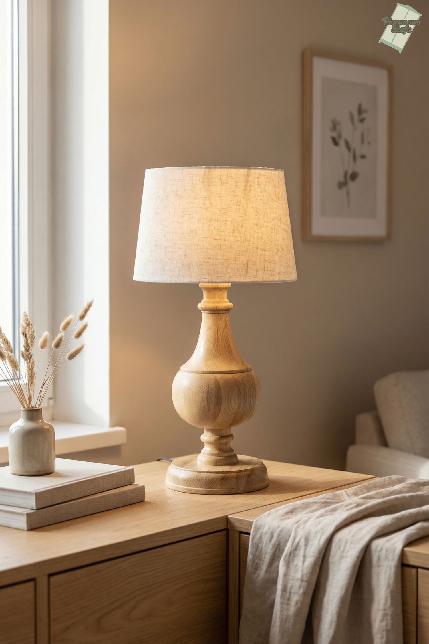 Lampa stołowa drewniana z abażurem – elegancka lampa nocna do salonu i sypialni