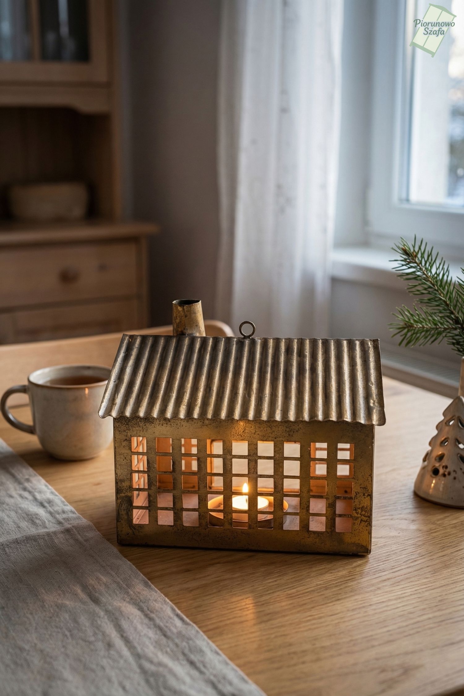 Metalowy lampion Złoty domek na tealighty duży