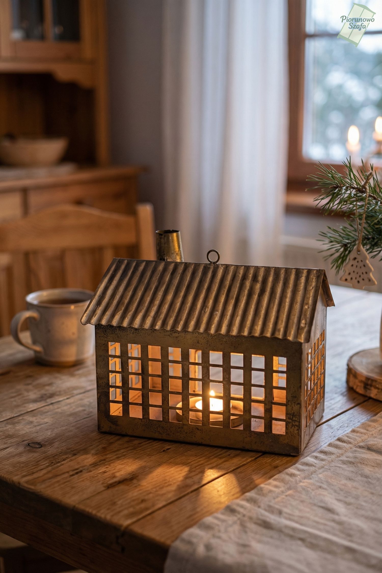 Metalowy lampion Złoty domek na tealighty duży