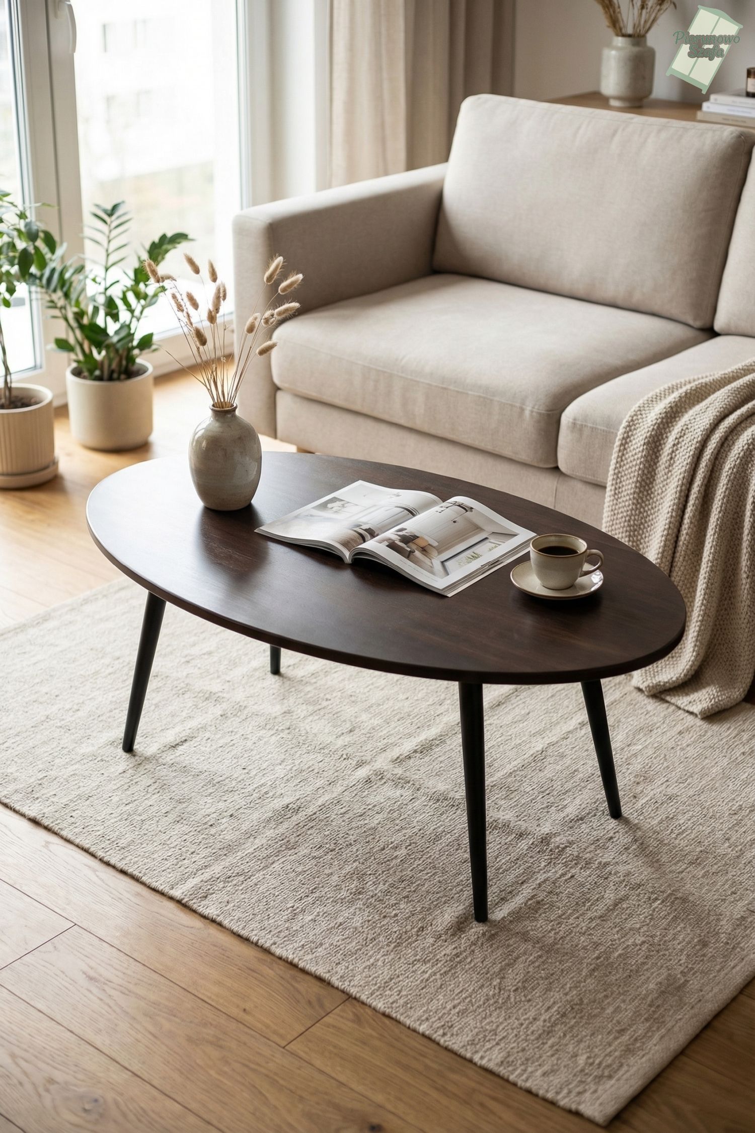 Nowoczesny stolik kawowy owalny jajo lity dąb Ciemny