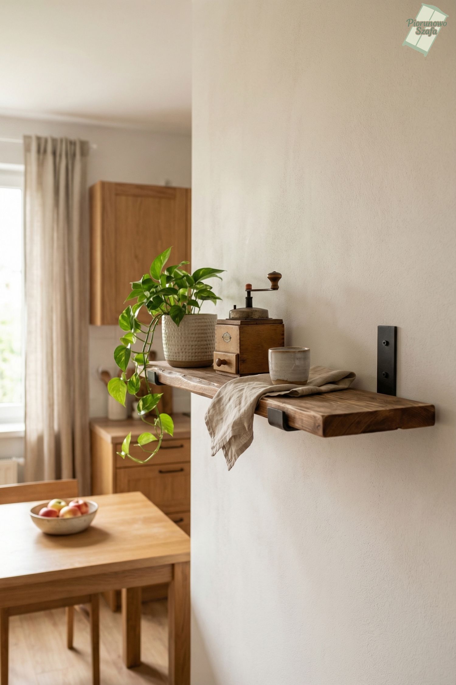 Półka na metalowych czarnych wspornikach