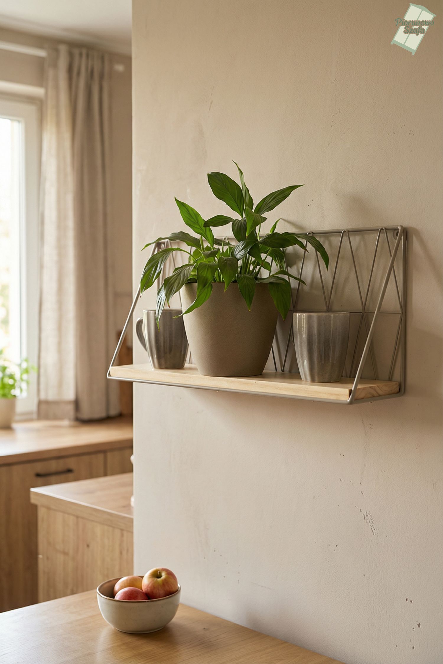 Półka wisząca loft drut i drewno beżowa