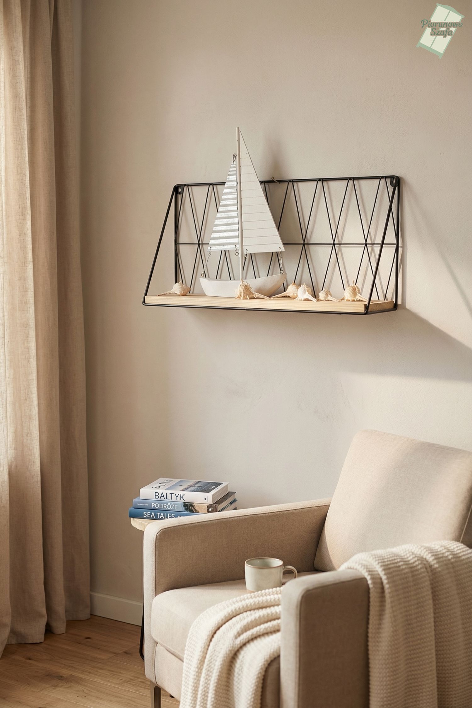 Półka wisząca loft drut i drewno czarna