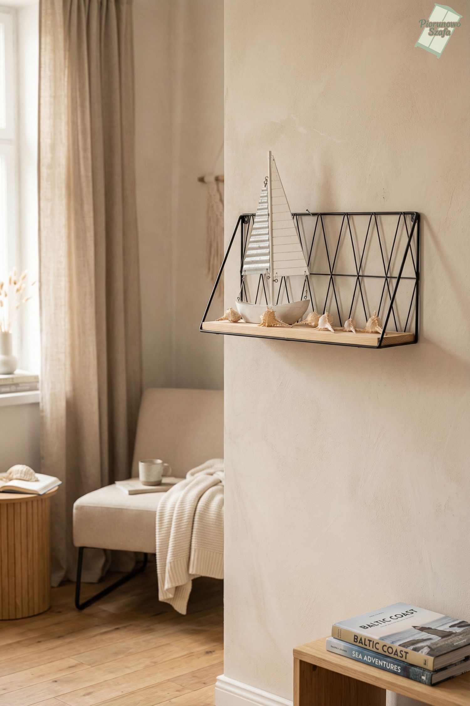 Półka wisząca loft drut i drewno czarna