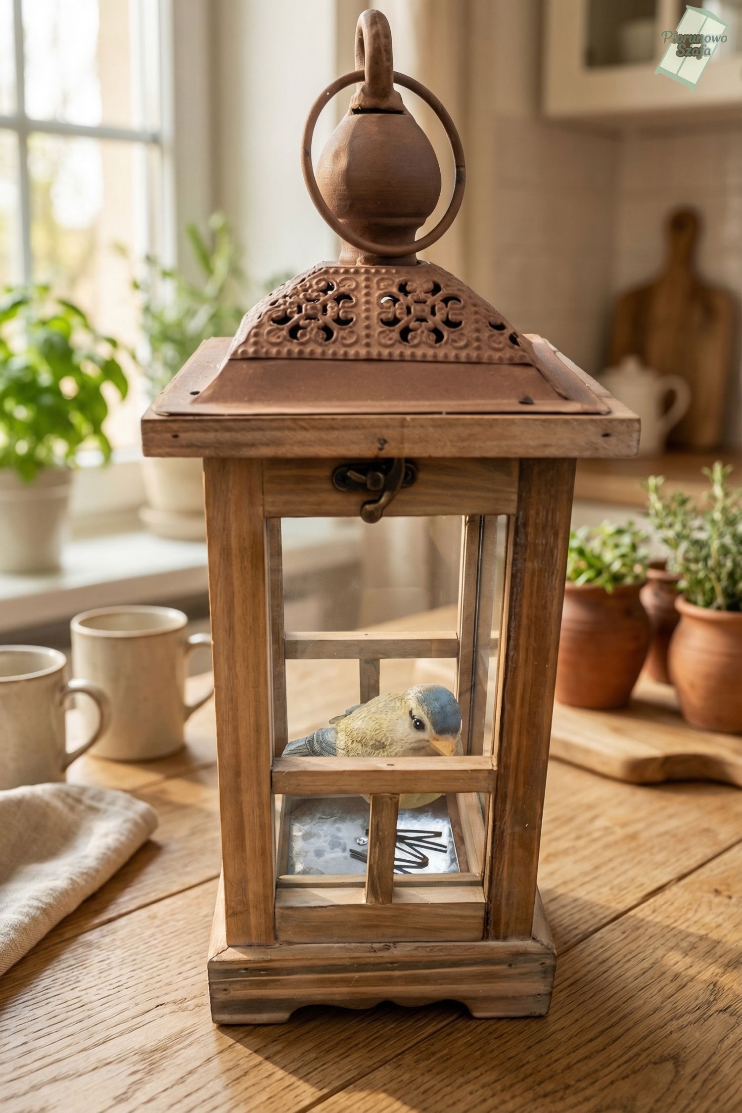 Rustykalna latarnia drewniana z szybami mała