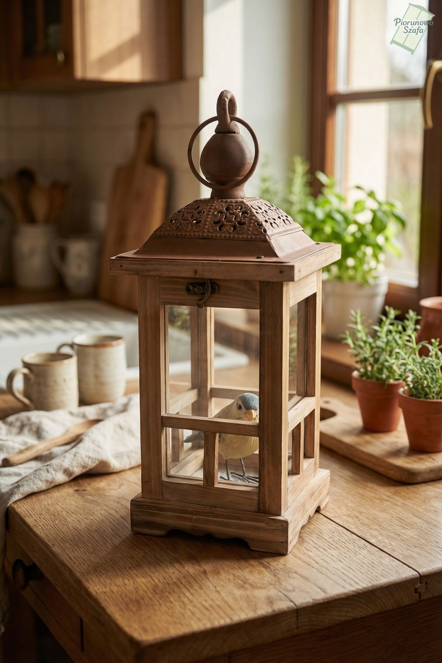 Rustykalna latarnia drewniana z szybami mała