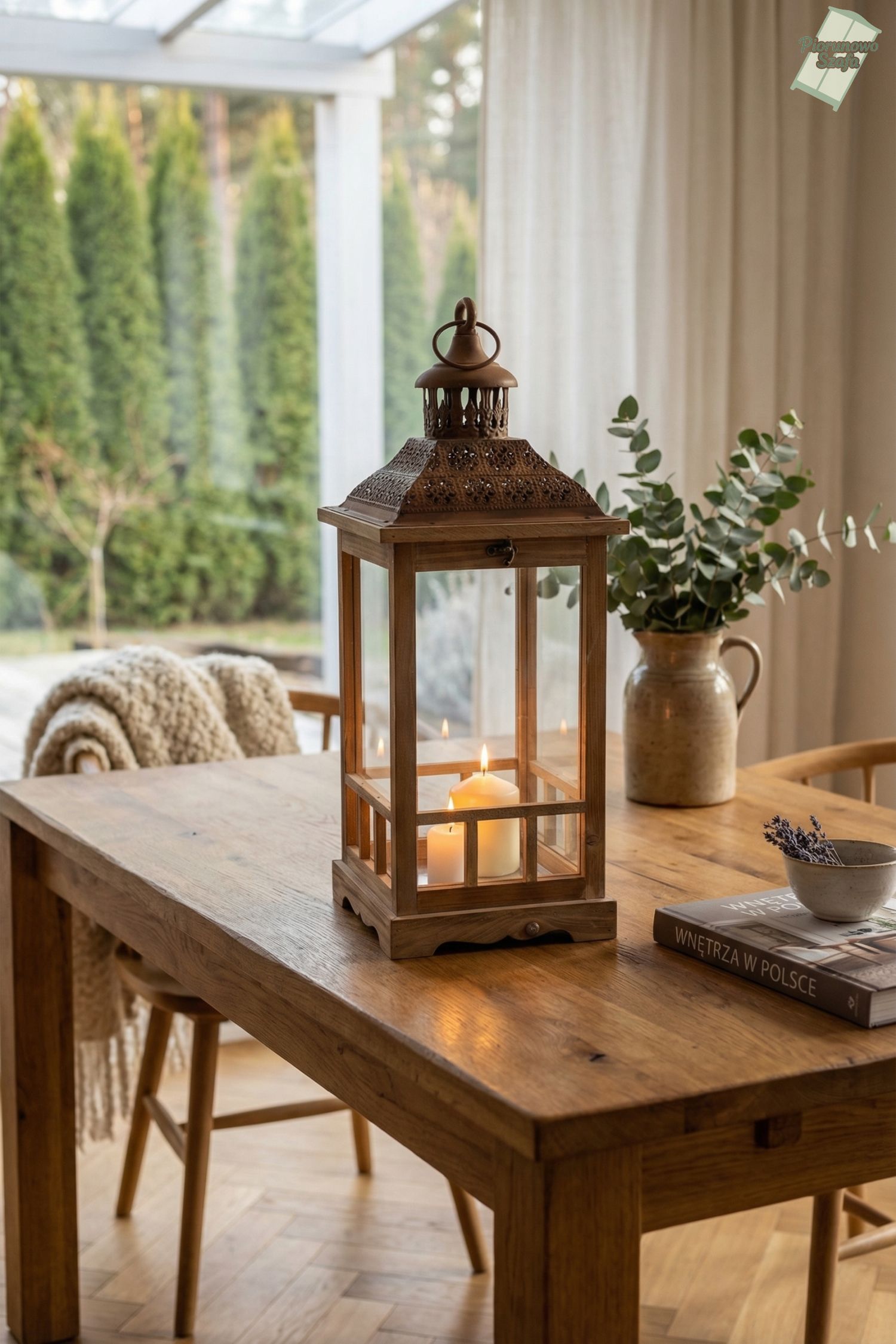 Rustykalna latarnia drewniana z szybkami duża
