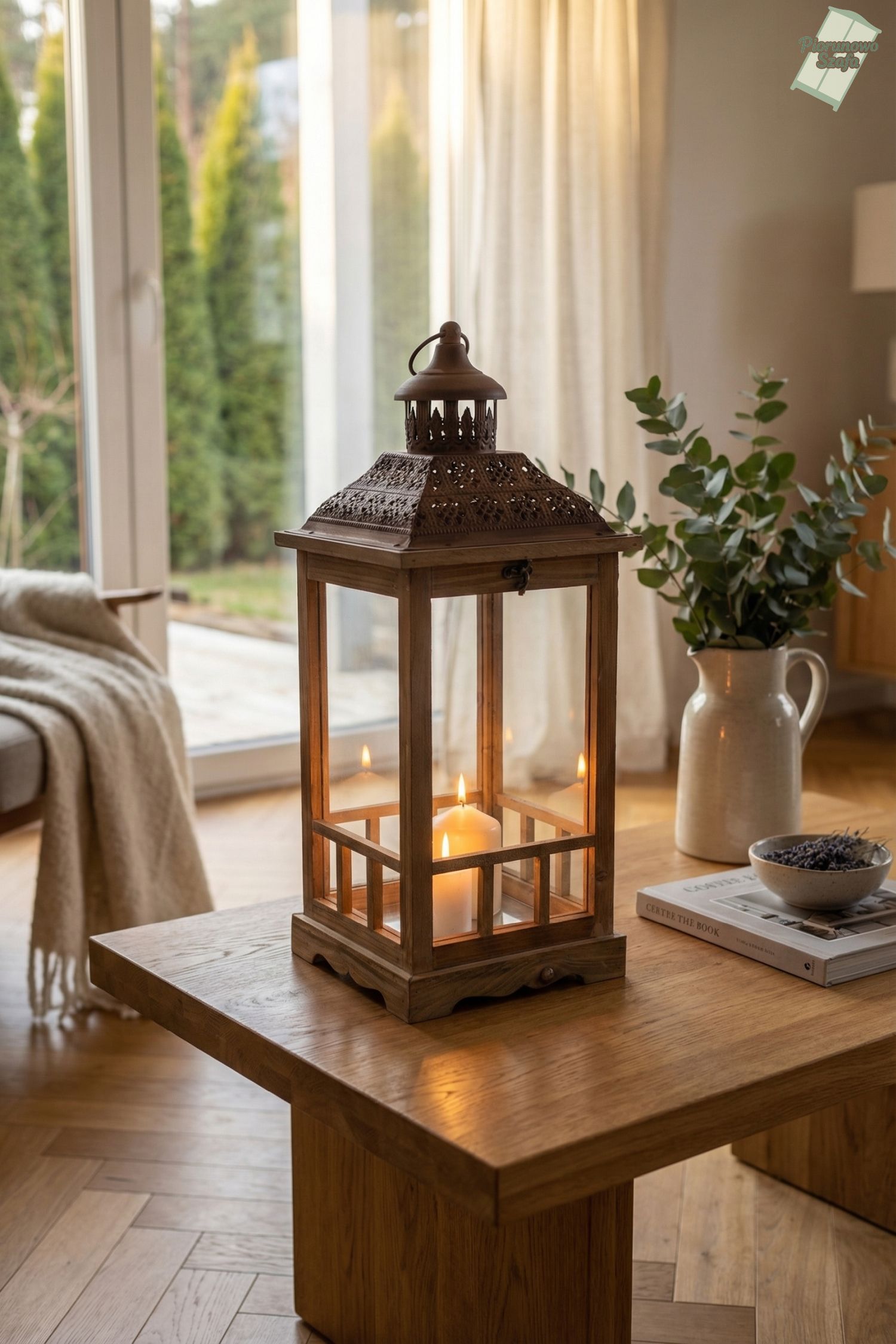 Rustykalna latarnia drewniana z szybkami duża