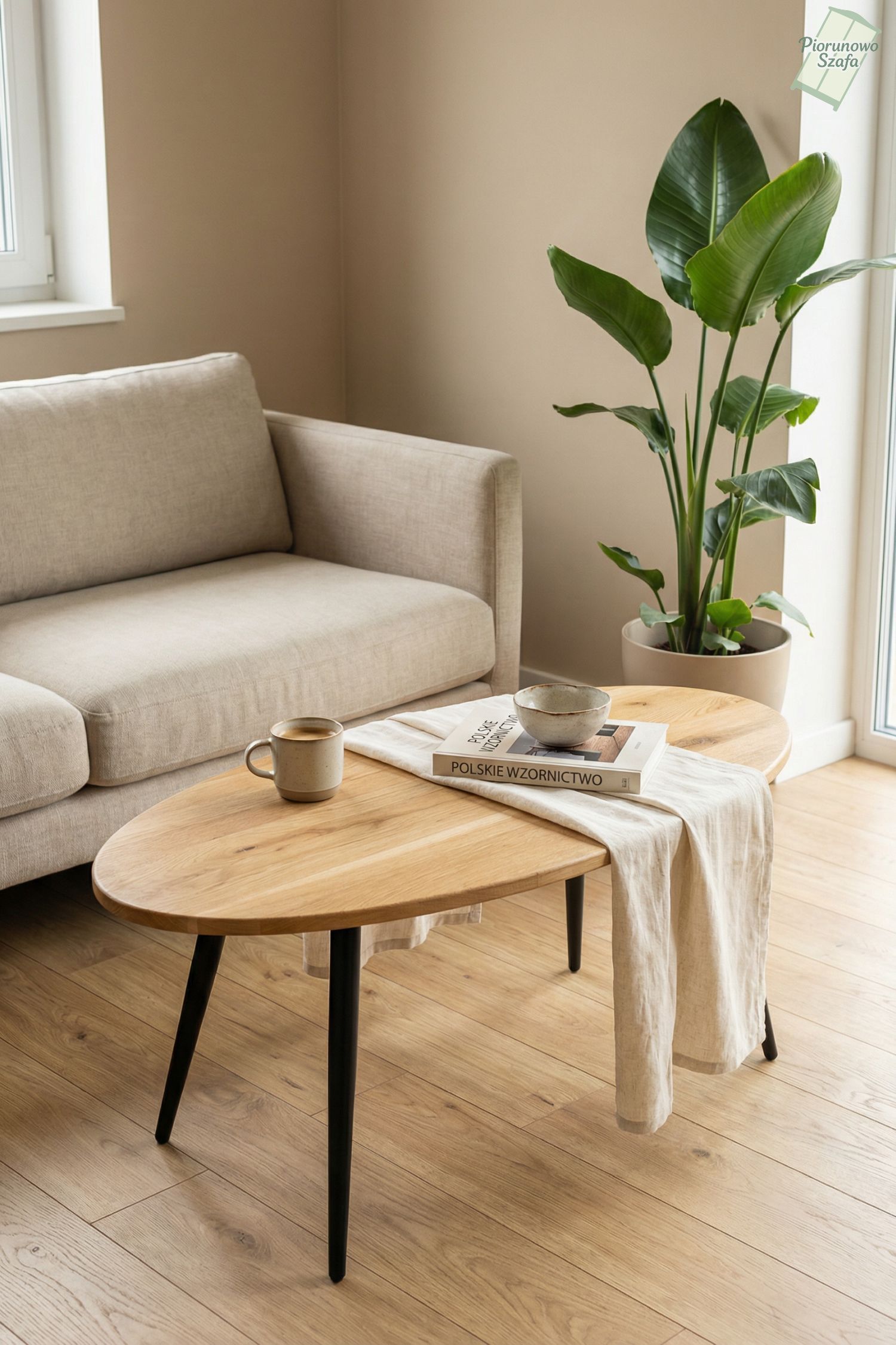 Stolik kawowy drewniany z czarnymi nogami jajo – nowoczesny stolik skandynawski