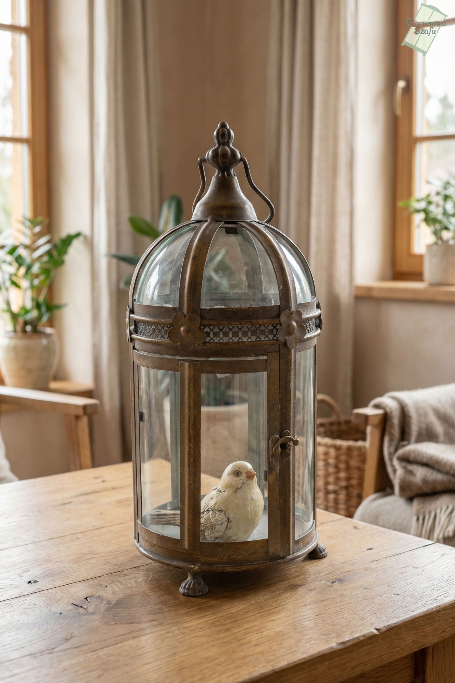 Stylowa latarnia vintage metalowa z szybkami, postarzana