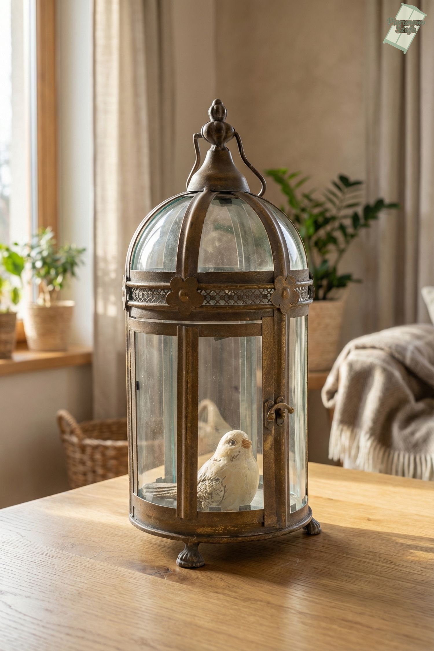 Stylowa latarnia vintage metalowa z szybkami, postarzana